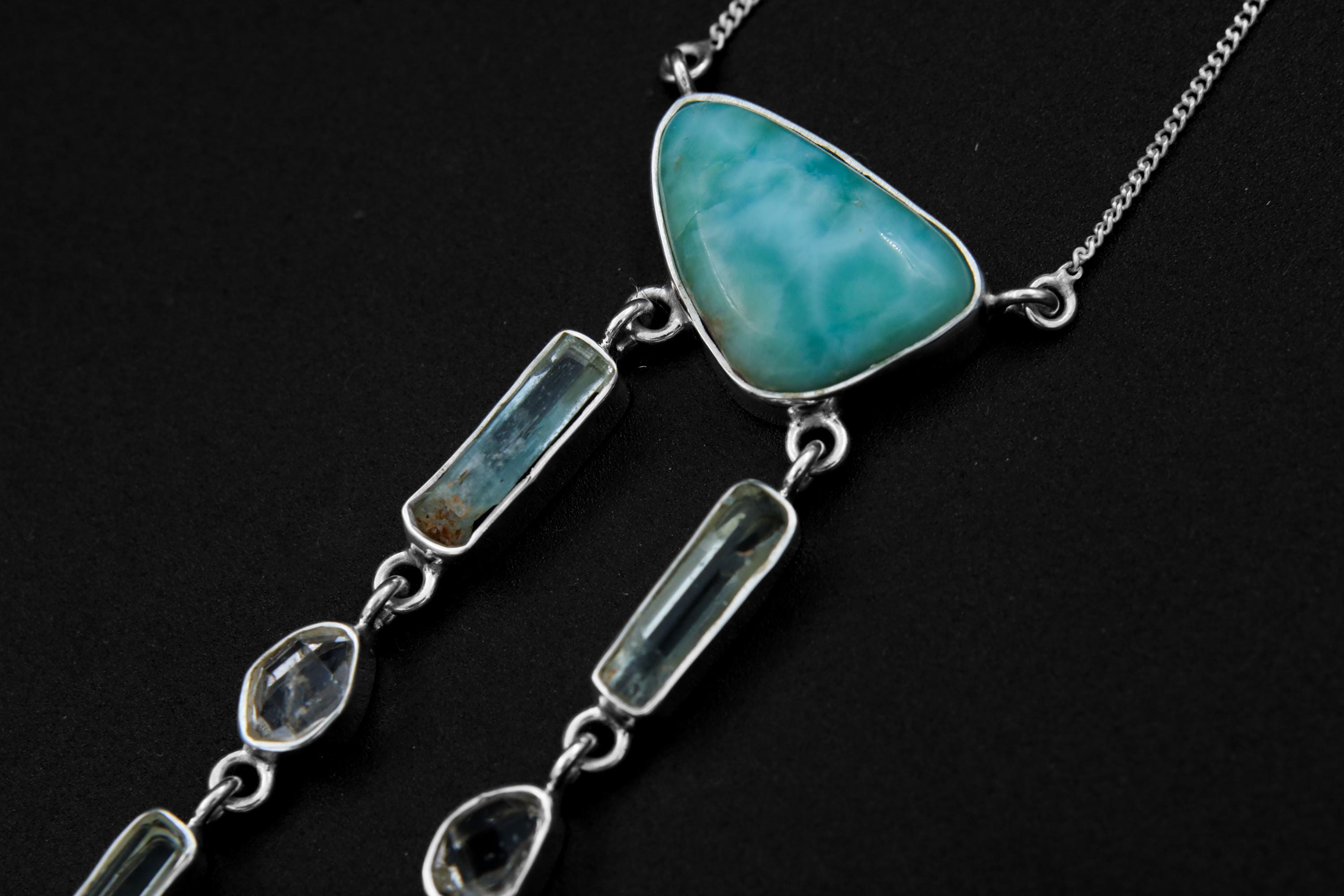 Atlantian Larimar Pendant with Aquamarine, Herkimer Diamond & Vera Cruz Quartz, Sterling Silver, Throat Chakra, Healing Crystals