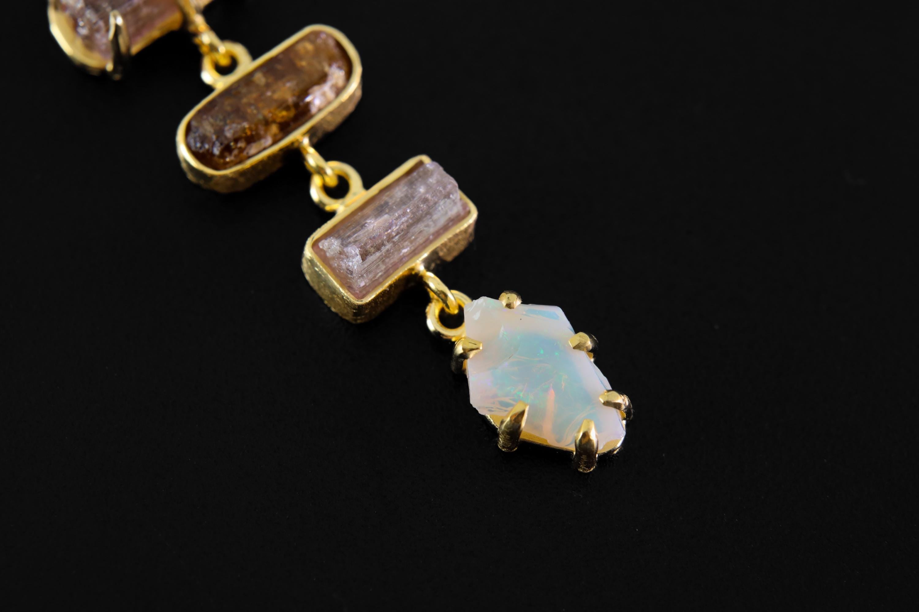 Pink Tourmaline & Rainbow Opal Pendant with Blue Moonstone, 18K Gold-Plated Silver, Chakra Necklace, Healing Crystals, Unique Gift