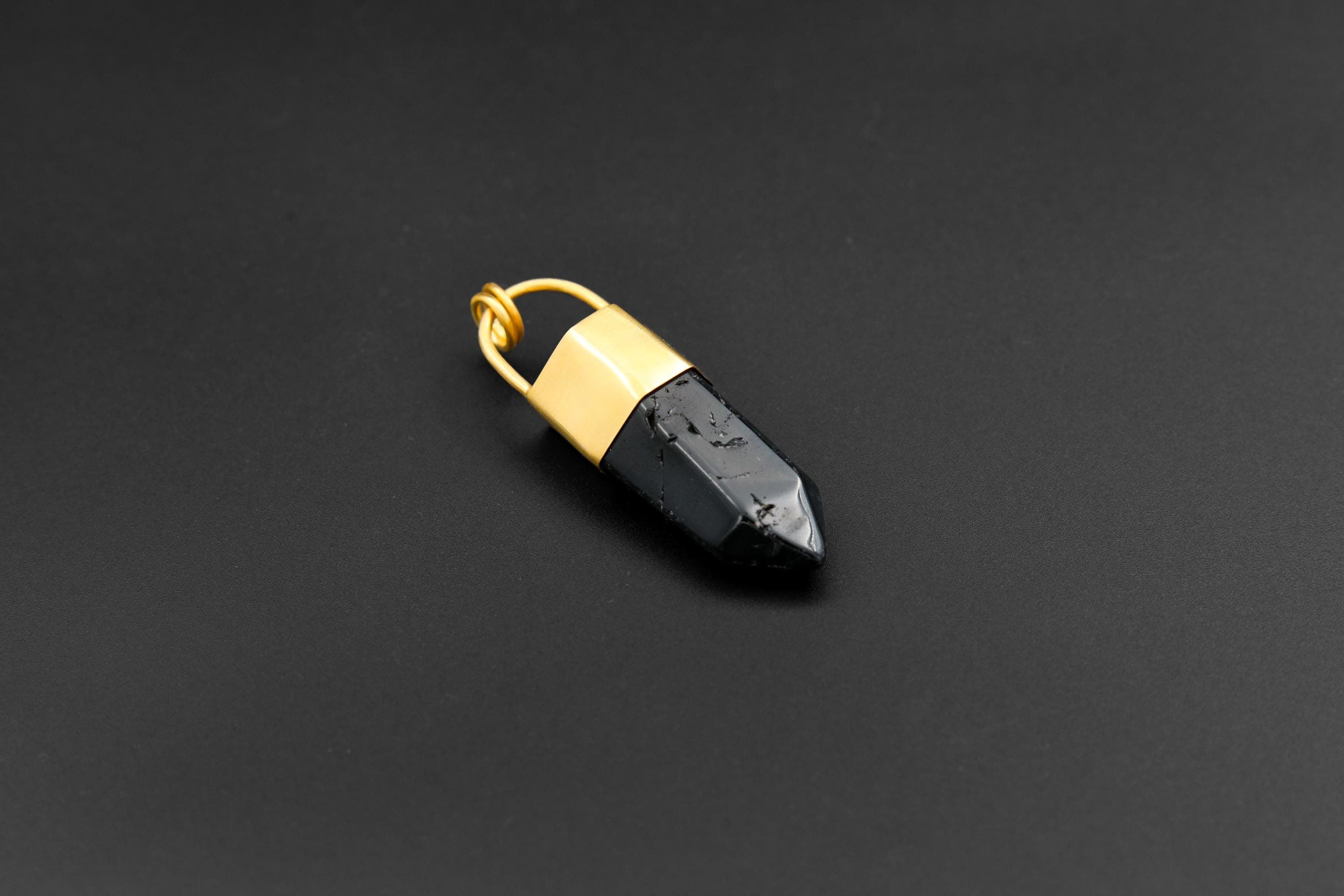 Large Smoky Quartz Point Pendant, High-Grade Dark Crystal with Thick Bronze Cap, 18K Gold-Plated, 7cm Statement Piece, Unique Gift NO/04