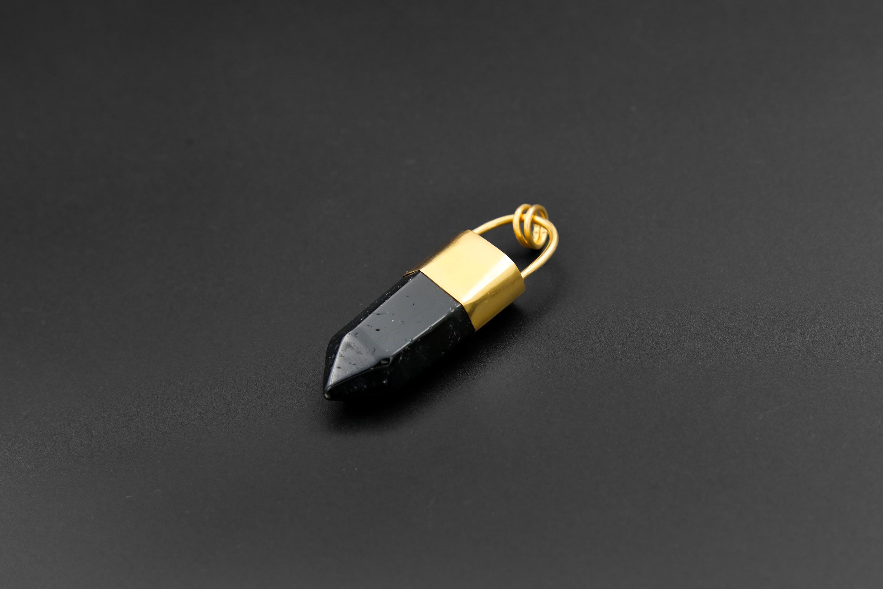 Large Smoky Quartz Point Pendant, High-Grade Dark Crystal with Thick Bronze Cap, 18K Gold-Plated, 7cm Statement Piece, Unique Gift NO/05