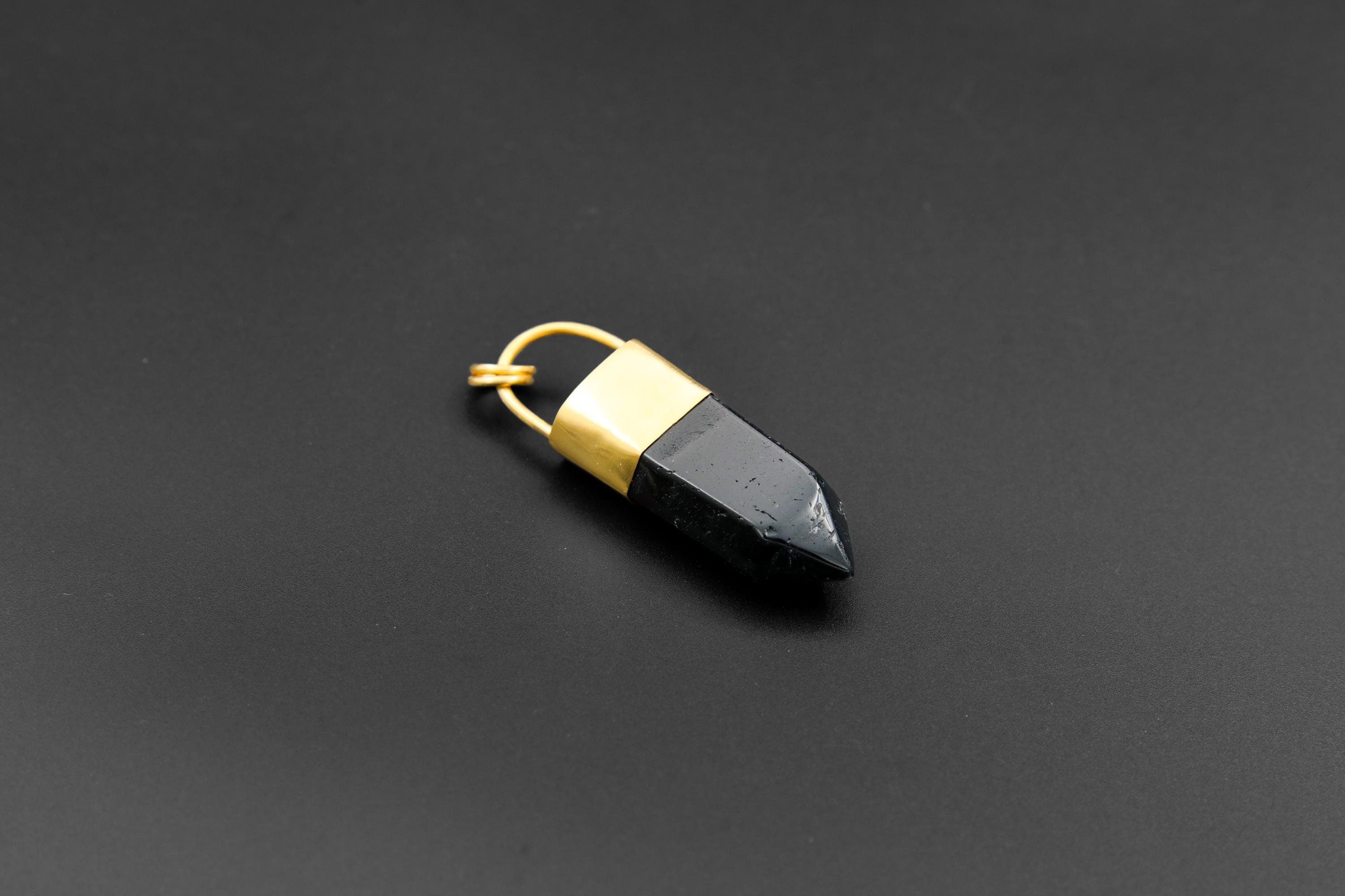 Large Smoky Quartz Point Pendant, High-Grade Dark Crystal with Thick Bronze Cap, 18K Gold-Plated, 7cm Statement Piece, Unique Gift NO/05