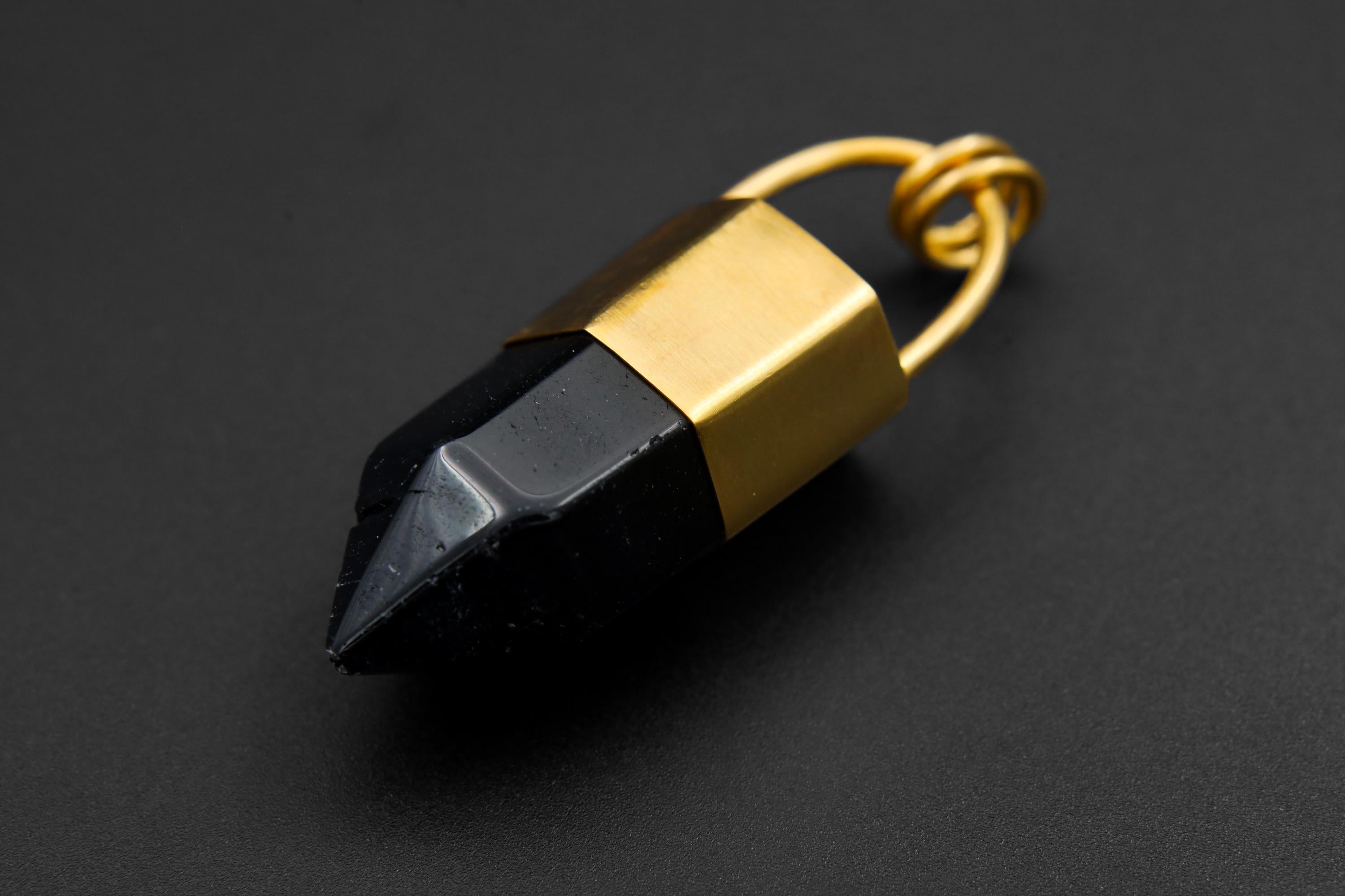 Large Smoky Quartz Point Pendant, High-Grade Dark Crystal with Thick Bronze Cap, 18K Gold-Plated, 5.8 cm Statement Piece, Unique Gift NO/06