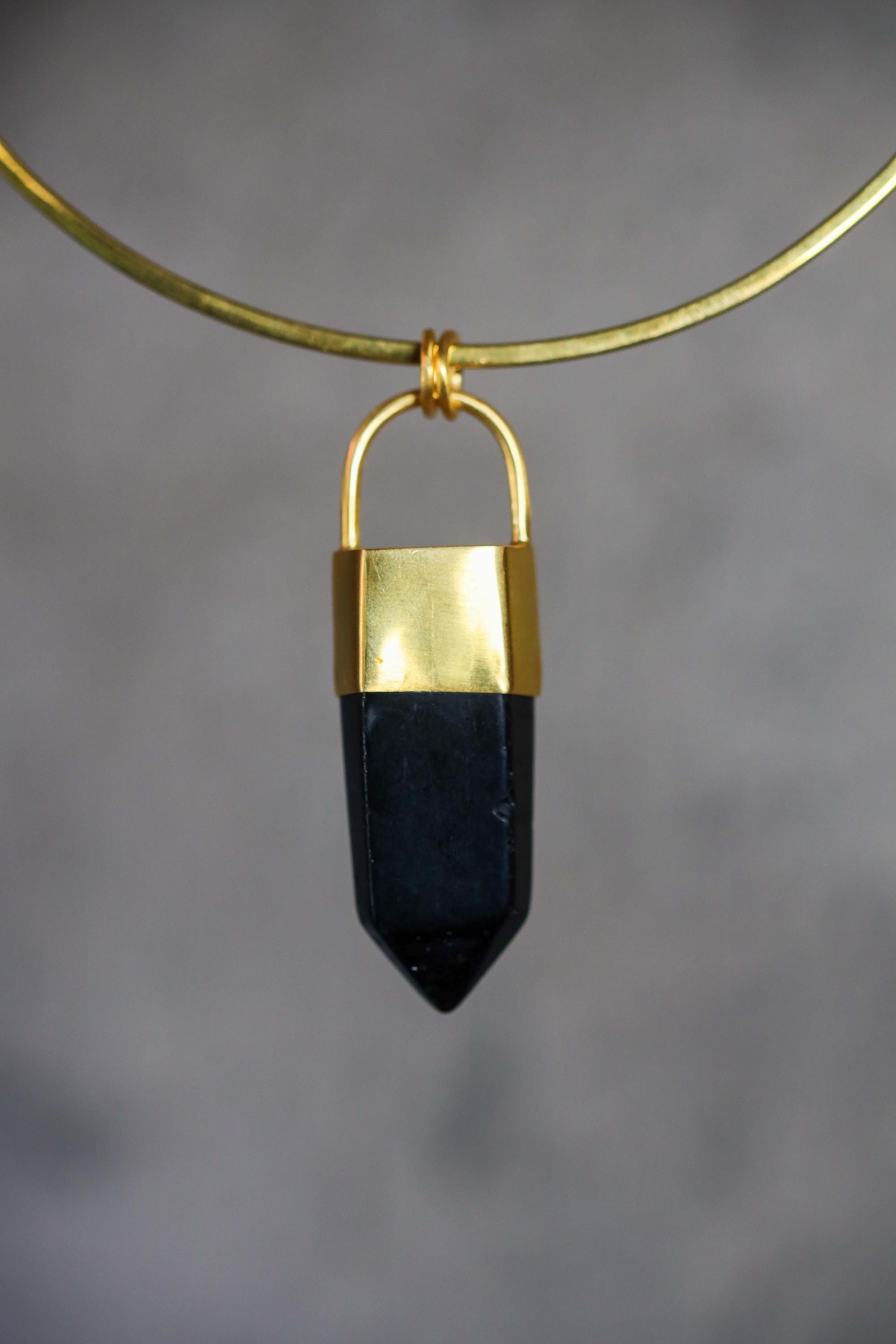 Large Smoky Quartz Point Pendant, High-Grade Dark Crystal with Thick Bronze Cap, 18K Gold-Plated, 7cm Statement Piece, Unique Gift NO/04