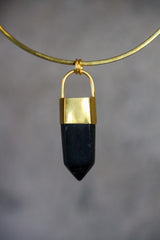 Large Smoky Quartz Point Pendant, High-Grade Dark Crystal with Thick Bronze Cap, 18K Gold-Plated, 7cm Statement Piece, Unique Gift NO/04