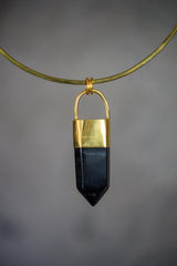 Large Smoky Quartz Point Pendant, High-Grade Dark Crystal with Thick Bronze Cap, 18K Gold-Plated, 7cm Statement Piece, Unique Gift NO/05