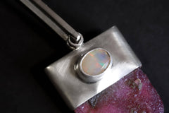 Large Chunky Natural Cambodian Hexagonal Ruby with Oval Faceted Rainbow Ethiopian Opal,Sterling Silver Pendant,Emotional Healing,Unique Gift