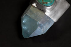 Generator Aqua Aura Quartz Point with Old Tibetan Turquoise Trade Bead, Sterling Silver Pendant, Throat & Third Eye Chakra, Unique Gift