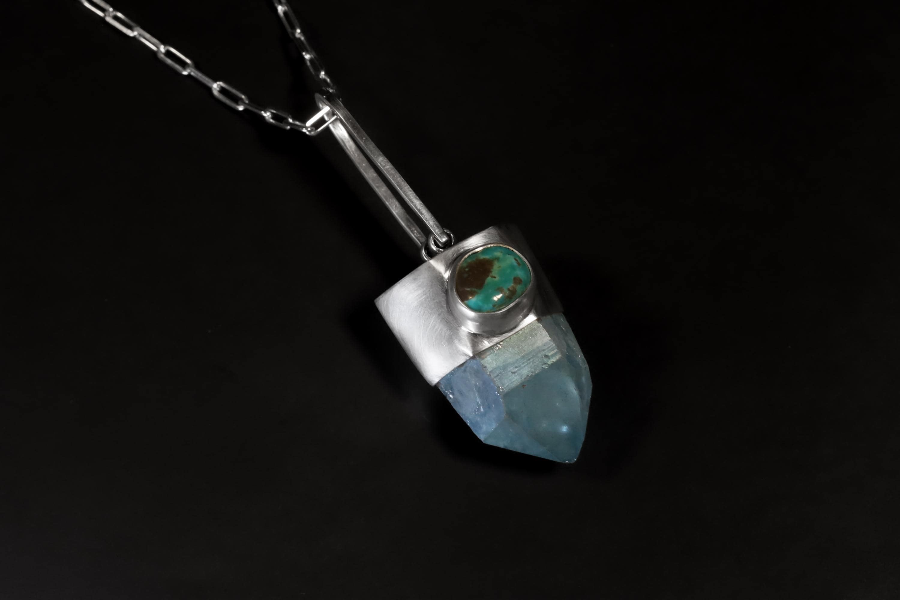 Generator Aqua Aura Quartz Point with Old Tibetan Turquoise Trade Bead, Sterling Silver Pendant, Throat & Third Eye Chakra, Unique Gift