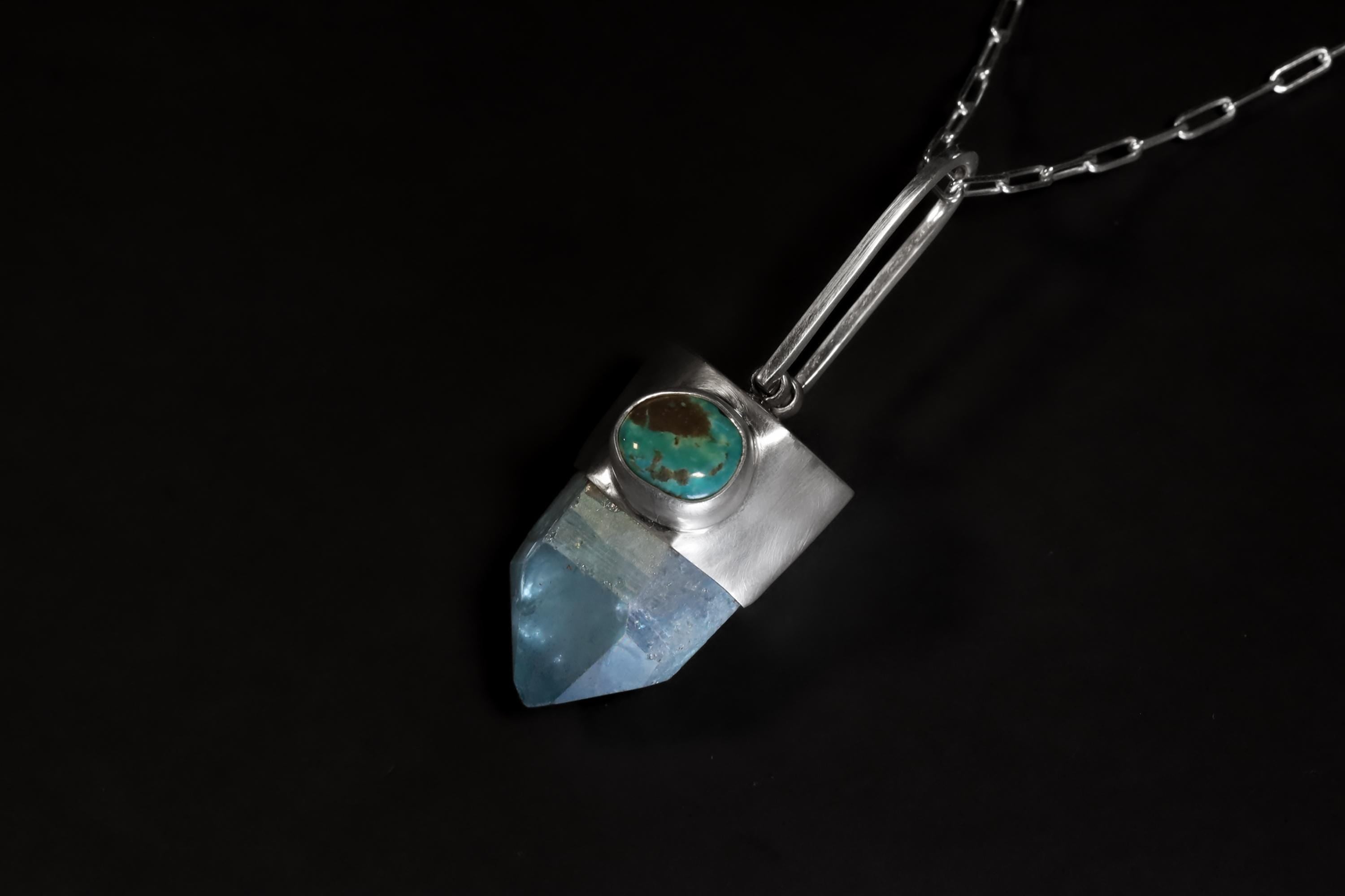 Generator Aqua Aura Quartz Point with Old Tibetan Turquoise Trade Bead, Sterling Silver Pendant, Throat & Third Eye Chakra, Unique Gift