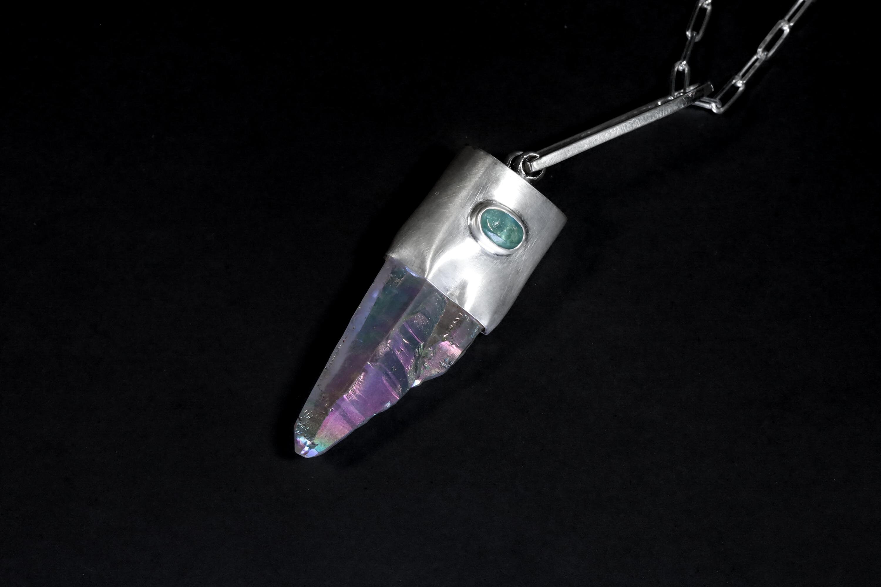 Double Terminated Lemurian Laser Opal/Angel Aura Quartz Point with Oval Shaped Gem Apatite Cabochon, Throat & Crown Chakra, Unique Gift