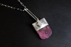 Large Chunky Natural Cambodian Hexagonal Ruby with Oval Faceted Rainbow Ethiopian Opal,Sterling Silver Pendant,Emotional Healing,Unique Gift