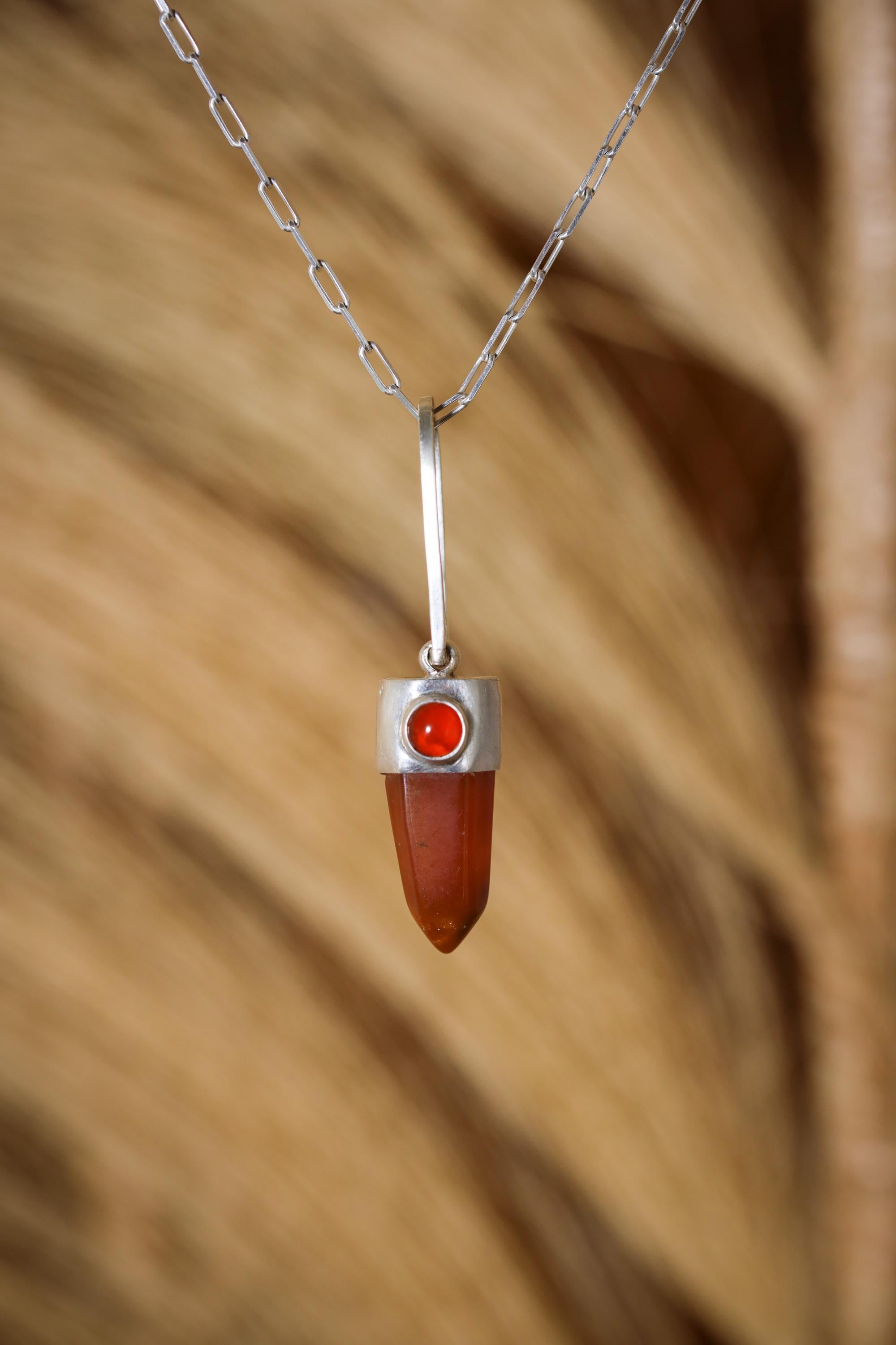 Cut Orange Agate Generator Pendant with Northern Rivers Carnelian Round Cabochon, Sterling Silver, Sacral Chakra, Creativity, Unique Gift