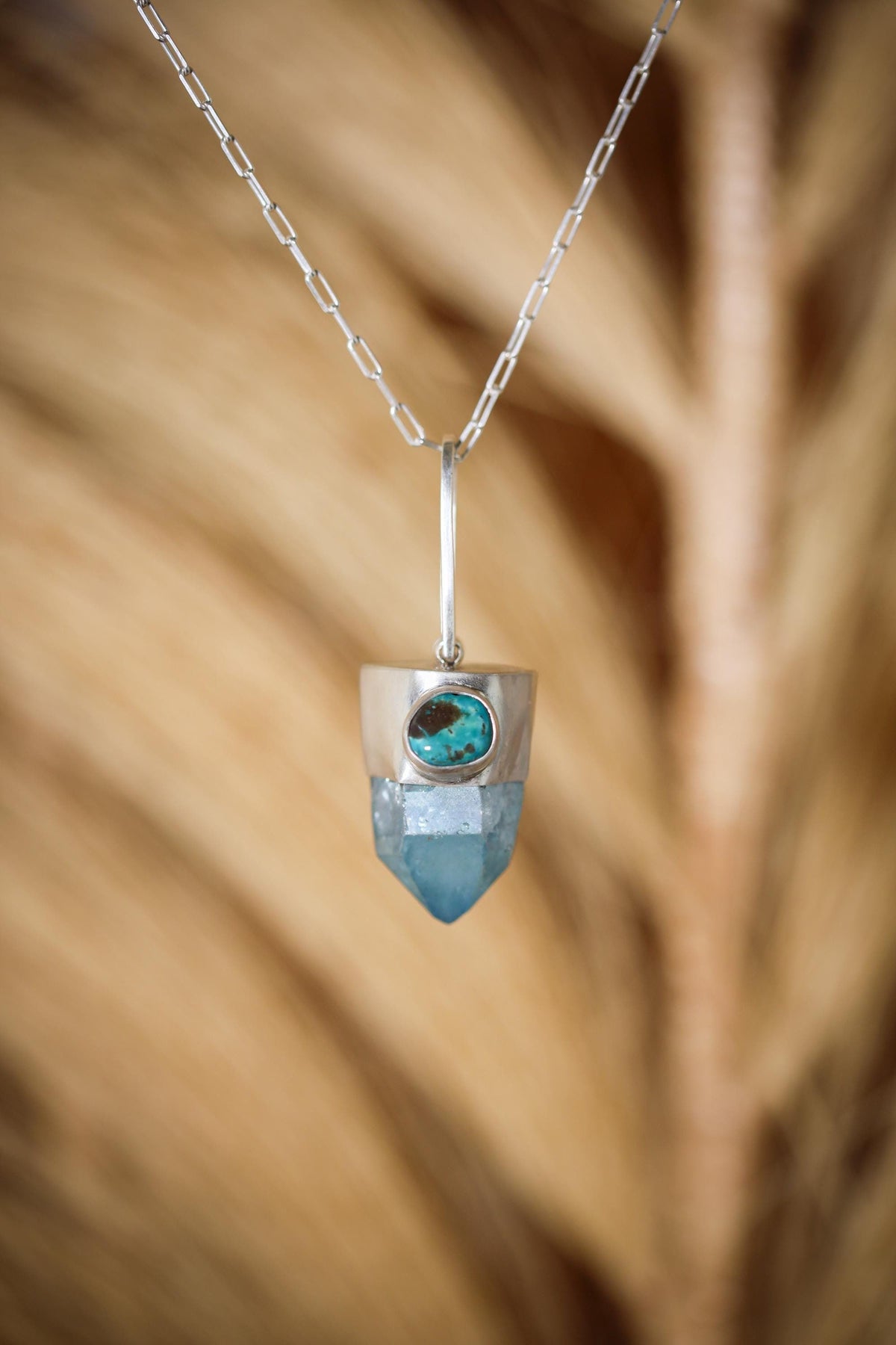 Generator Aqua Aura Quartz Point with Old Tibetan Turquoise Trade Bead, Sterling Silver Pendant, Throat & Third Eye Chakra, Unique Gift