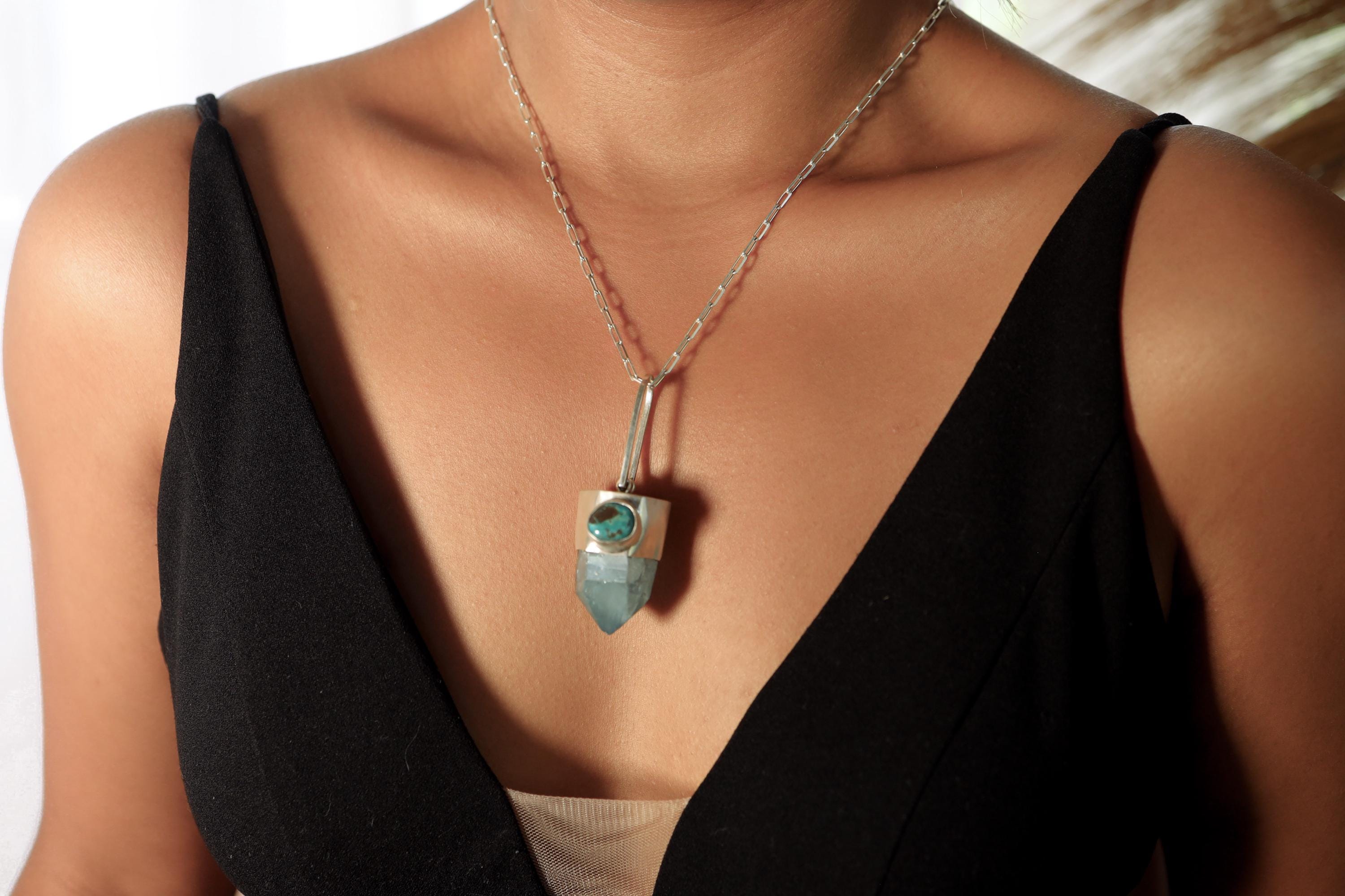 Generator Aqua Aura Quartz Point with Old Tibetan Turquoise Trade Bead, Sterling Silver Pendant, Throat & Third Eye Chakra, Unique Gift