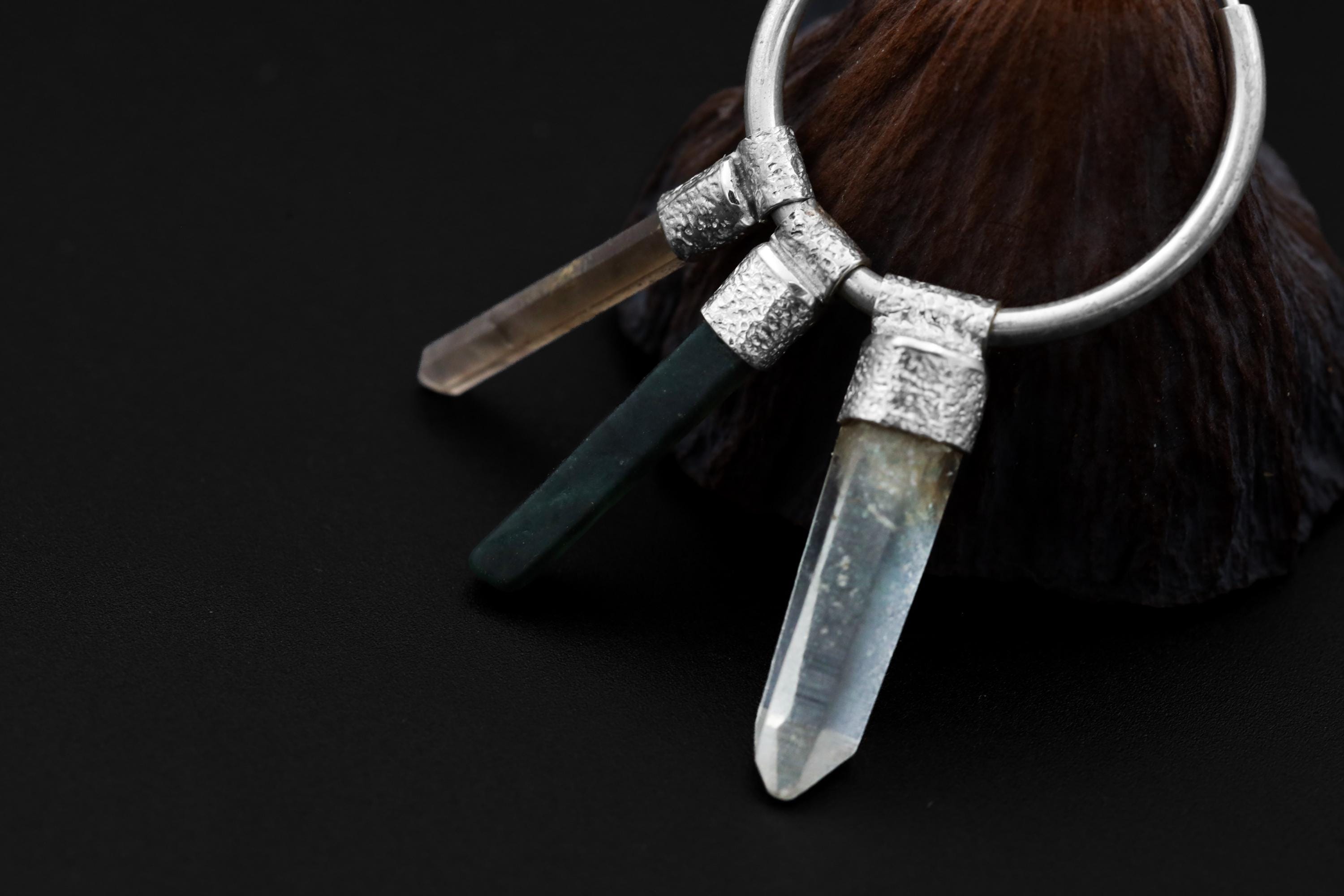 Green Jade, Smoky Quartz & Clear Quartz Stack Pendant Earrings, Sterling Silver Big Hoop, Heart and Root Chakra, Taurus Zodiac, Unique Gift