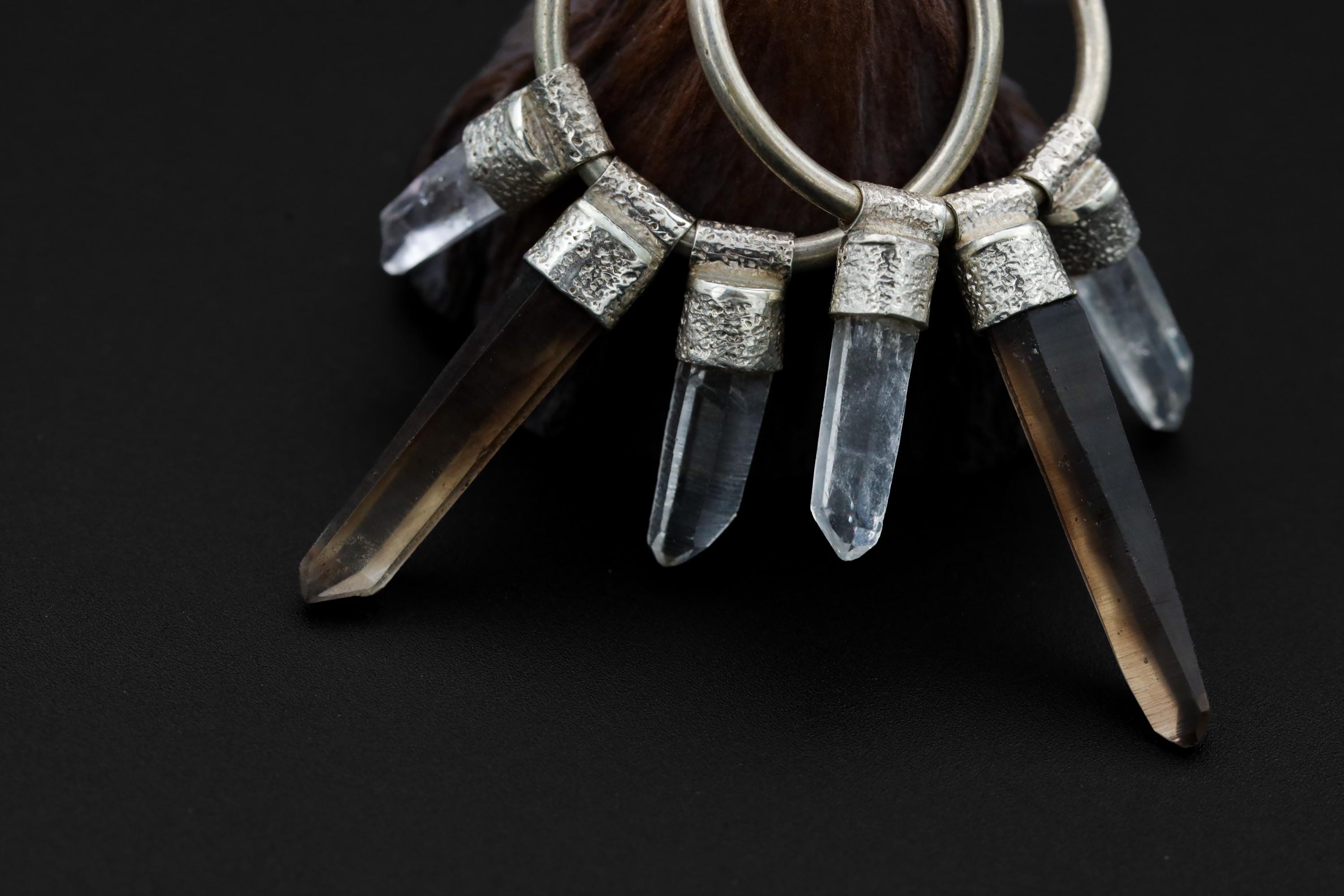 Clear Quartz & Smoky Quartz Stack Earrings, Sterling Silver Big Hoops, Crown and Root Chakra, Multi-Functional Jewelry, Unique Gift