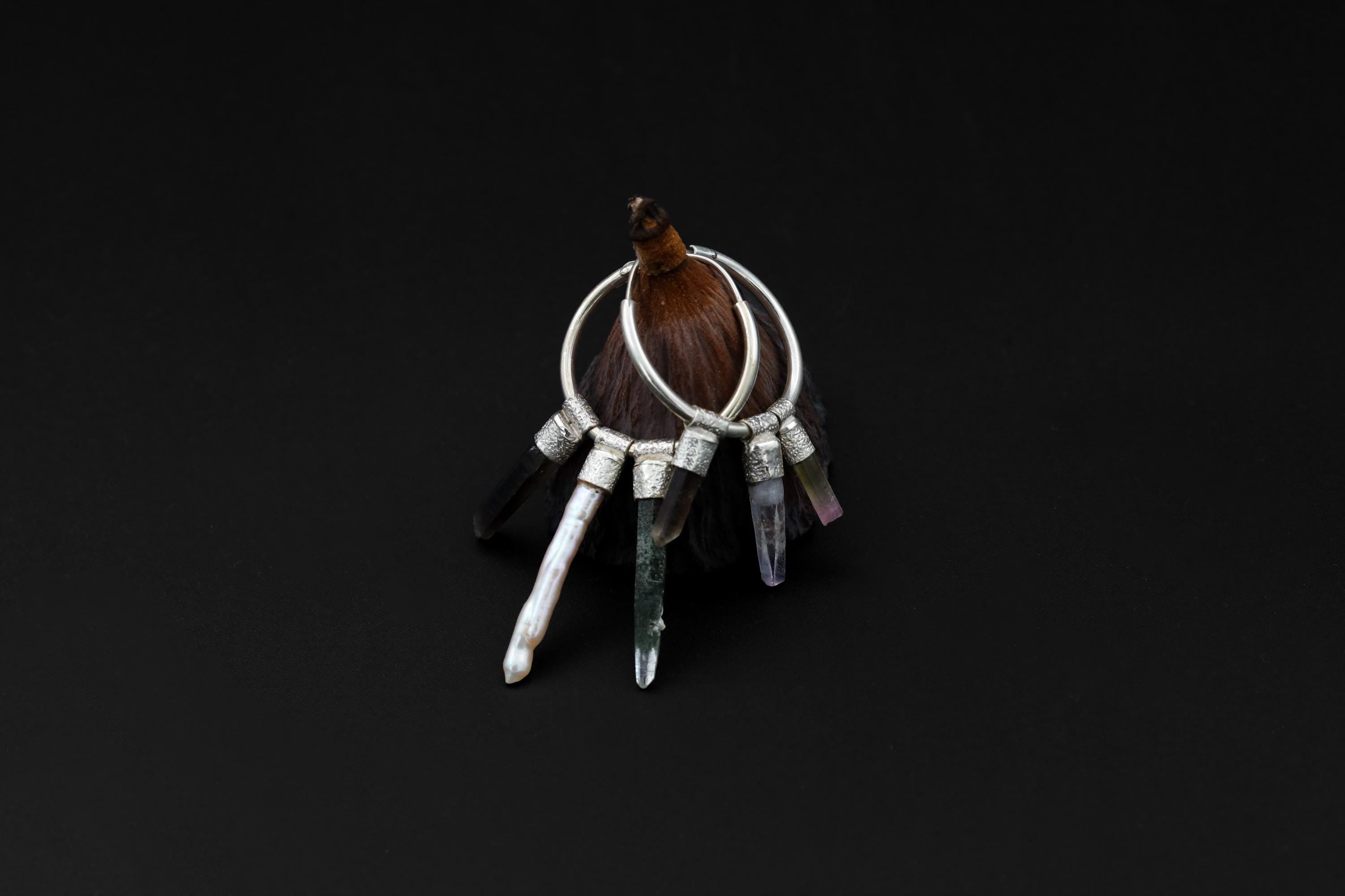 Smoky Quartz, Vera Cruz Amethyst, Watermelon Tourmaline, Pearl & Himalayan Quartz Stack Pendant Earrings, Sterling Silver, Unique Gift