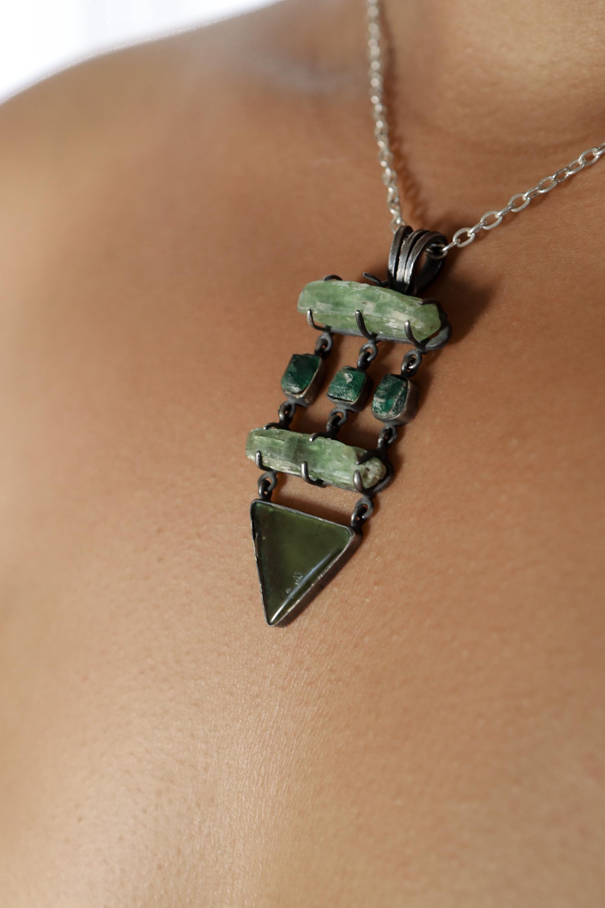 Heart Symphony: Green Kyanite, Australian Emerald, and Chrysoprase - Sterling Silver Pendant