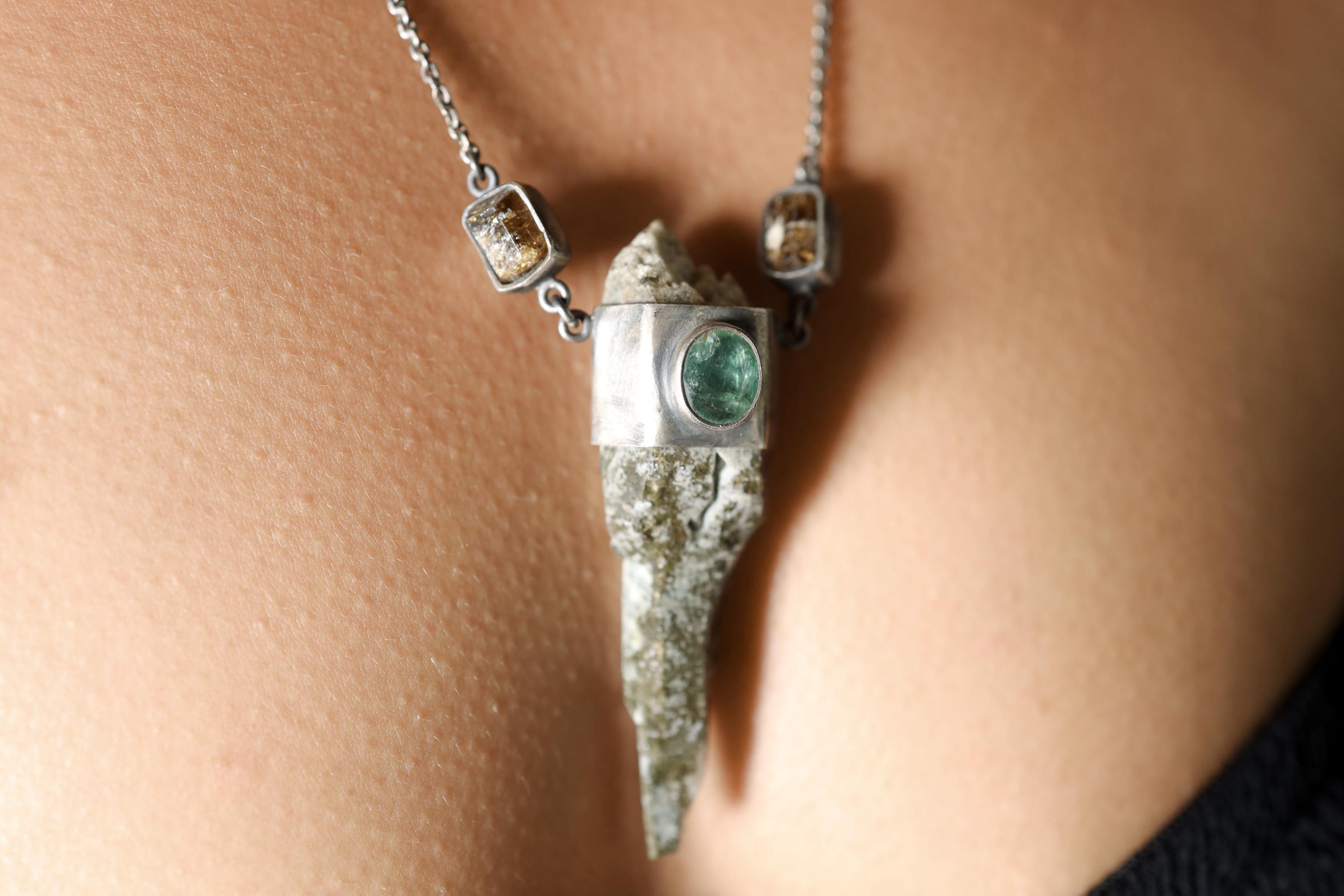 Himalayan Harmony Faceted Emerald, Dravite Tourmaline & Skeletal DT Chloride Quartz Pendant in Oxidized Sterling Silver