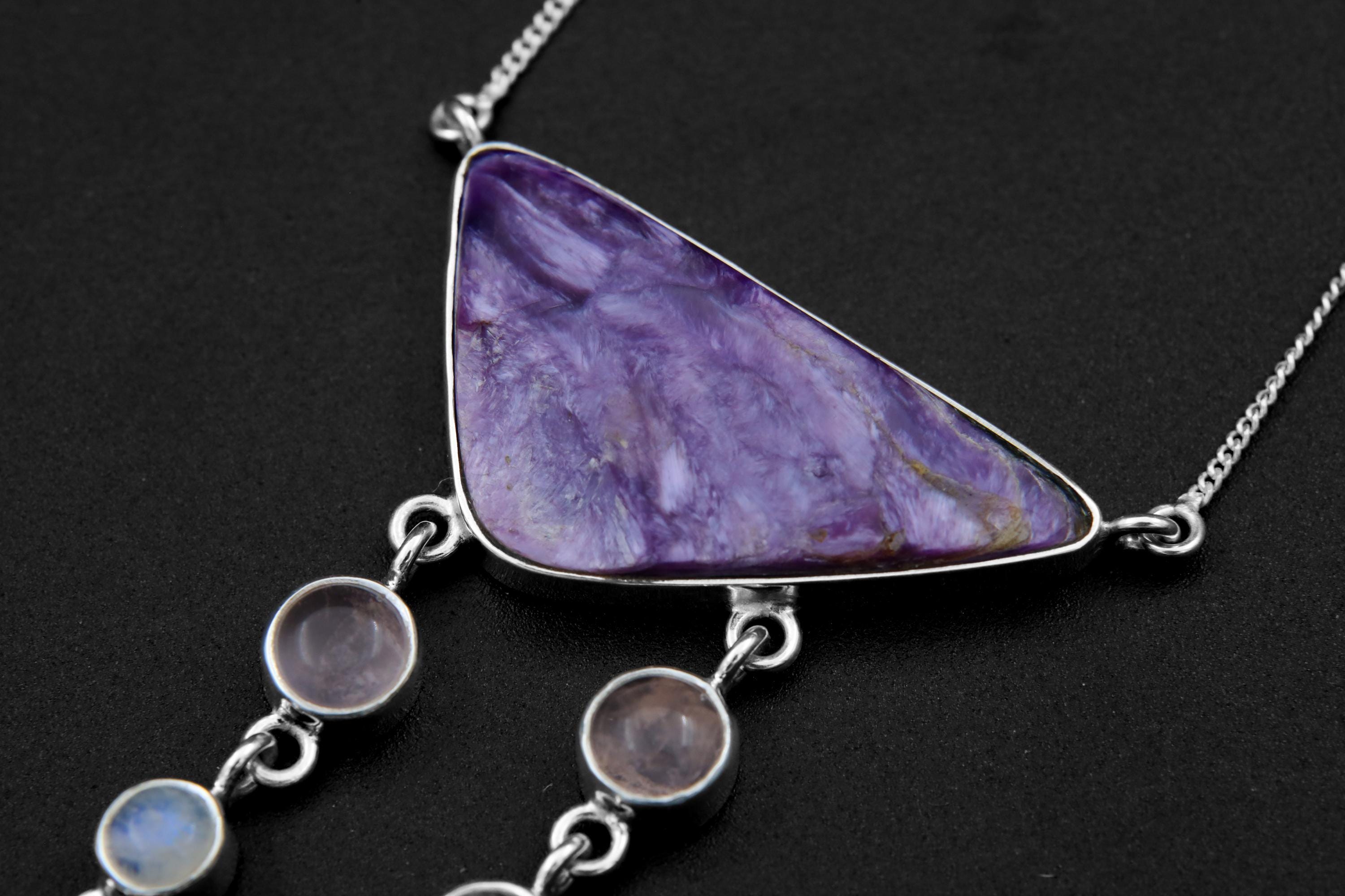 Mystical Chlorite Cabochon Pendant with Rose Quartz & Blue Moonstone, Sterling Silver, Chakra Necklace, Unique Gift