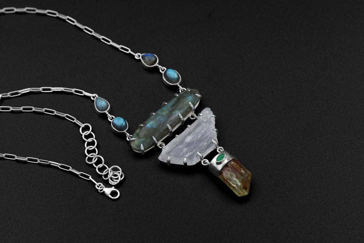 Harmony Labradorite Pendant with Yellow Apatite Kunzite & Australian Emerald Sterling Silver Necklace Chakra Healing Jewelry Gift Boho Style