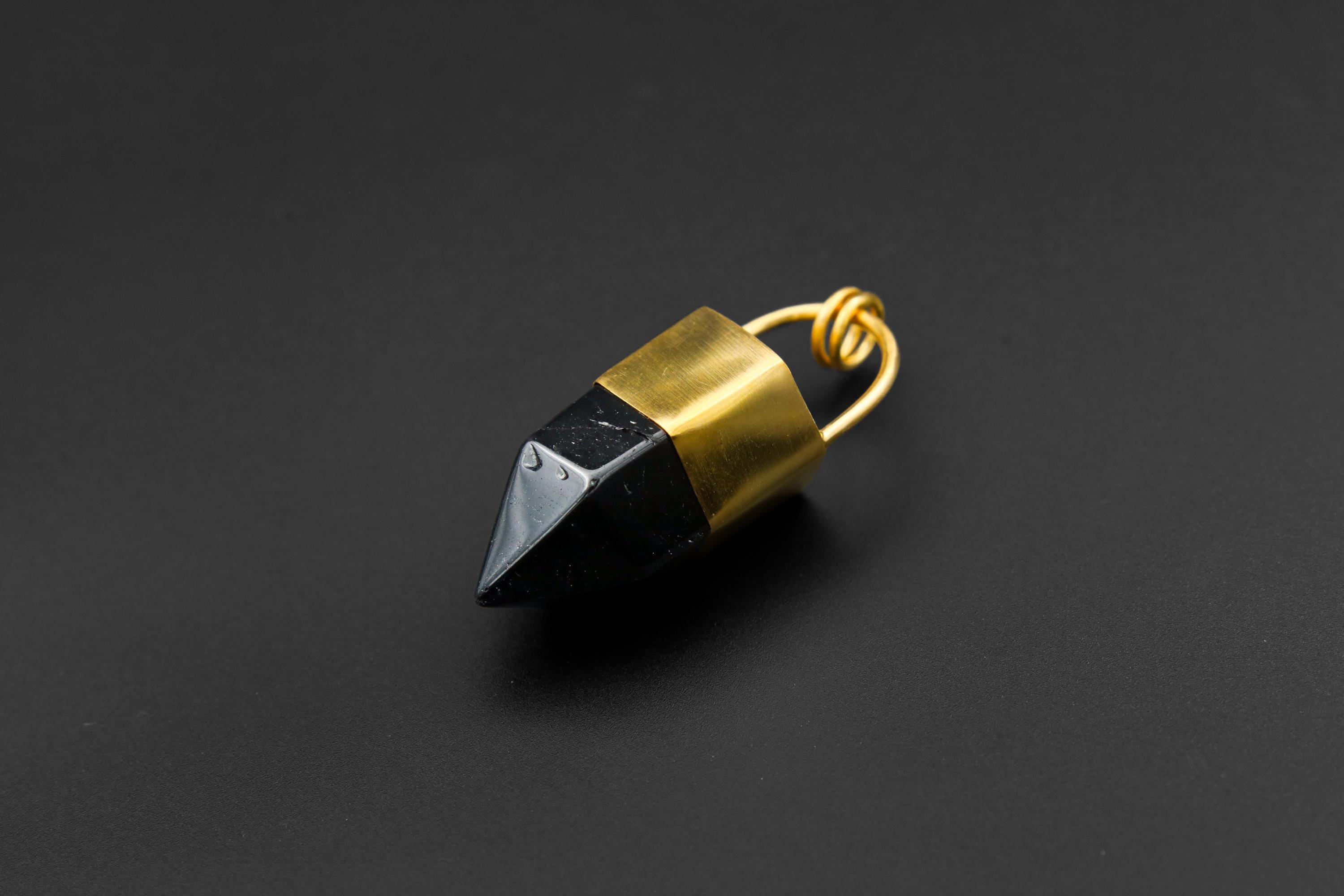 Large Smoky Quartz Point Pendant, High-Grade Dark Crystal with Thick Bronze Cap, 18K Gold-Plated, 6 cm Statement Piece, Unique Gift NO/01