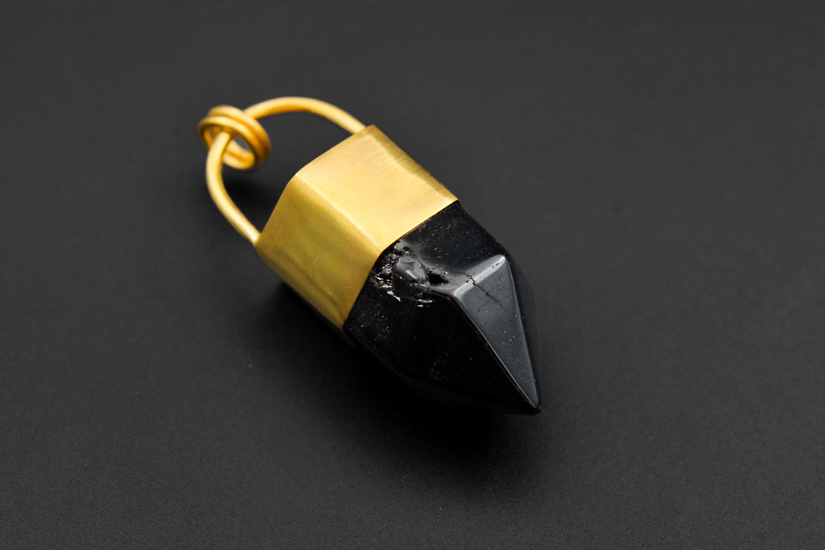 Large Smoky Quartz Point Pendant, High-Grade Dark Crystal with Thick Bronze Cap, 18K Gold-Plated, 6 cm Statement Piece, Unique Gift NO/01