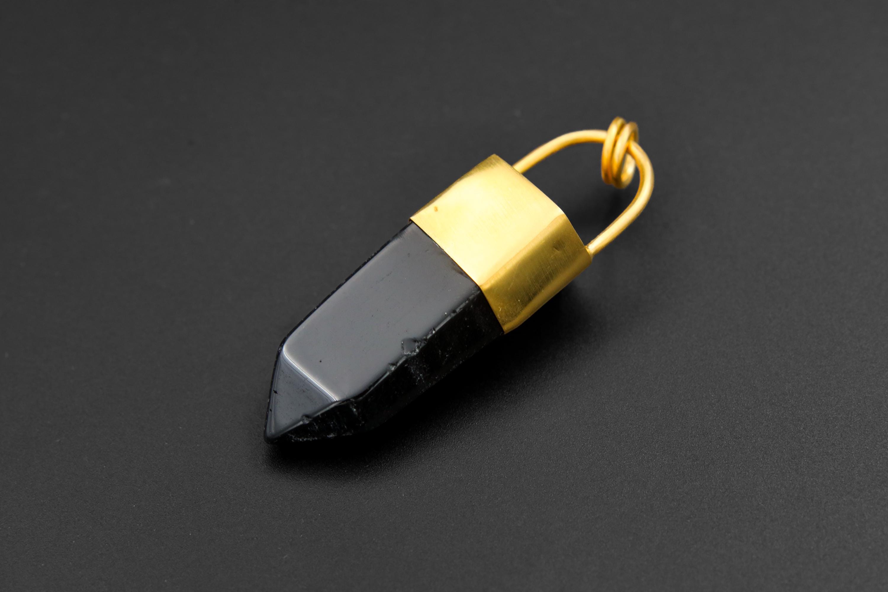 Large Smoky Quartz Point Pendant, High-Grade Dark Crystal with Thick Bronze Cap, 18K Gold-Plated, 7cm Statement Piece, Unique Gift NO/04