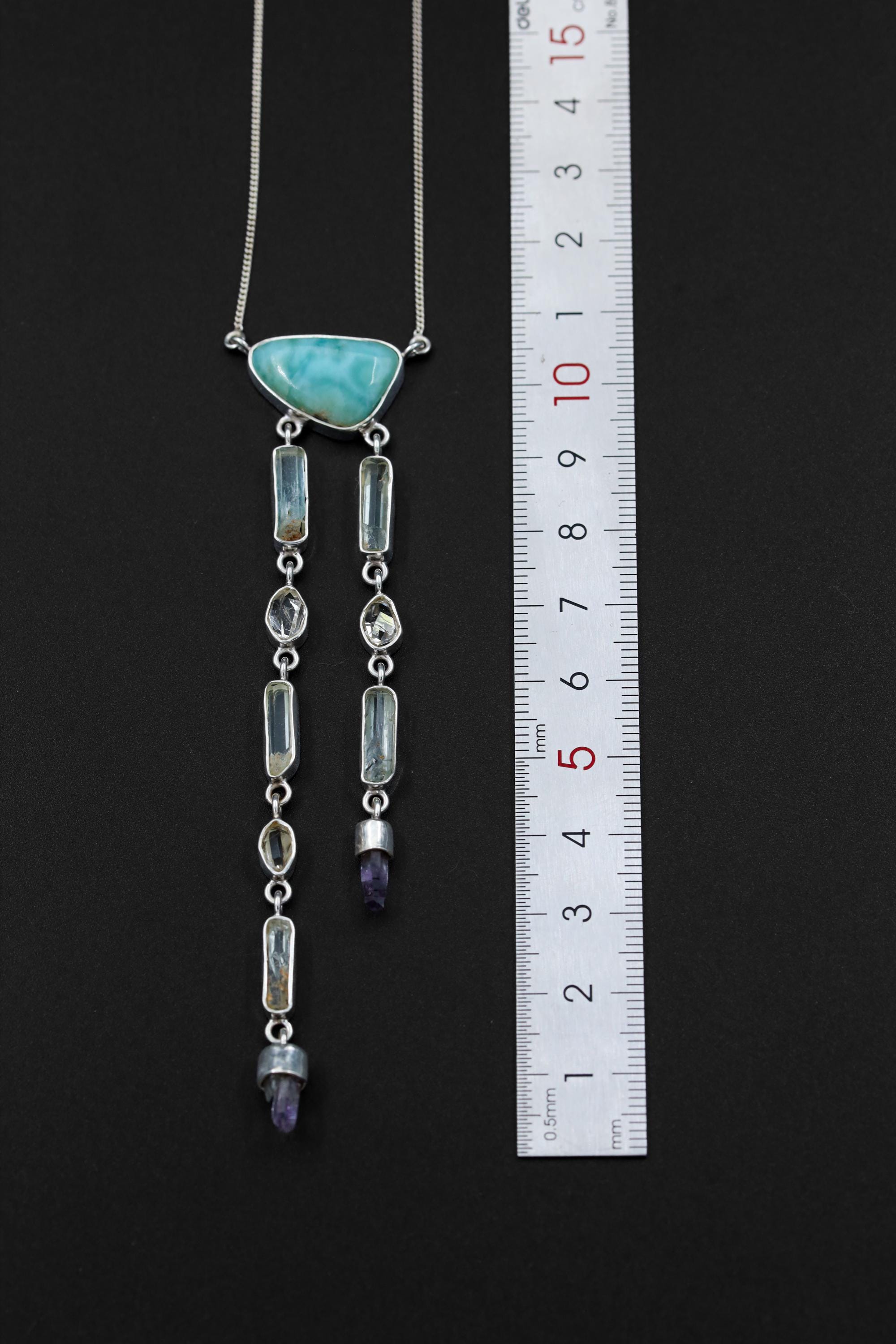 Atlantian Larimar Pendant with Aquamarine, Herkimer Diamond & Vera Cruz Quartz, Sterling Silver, Throat Chakra, Healing Crystals