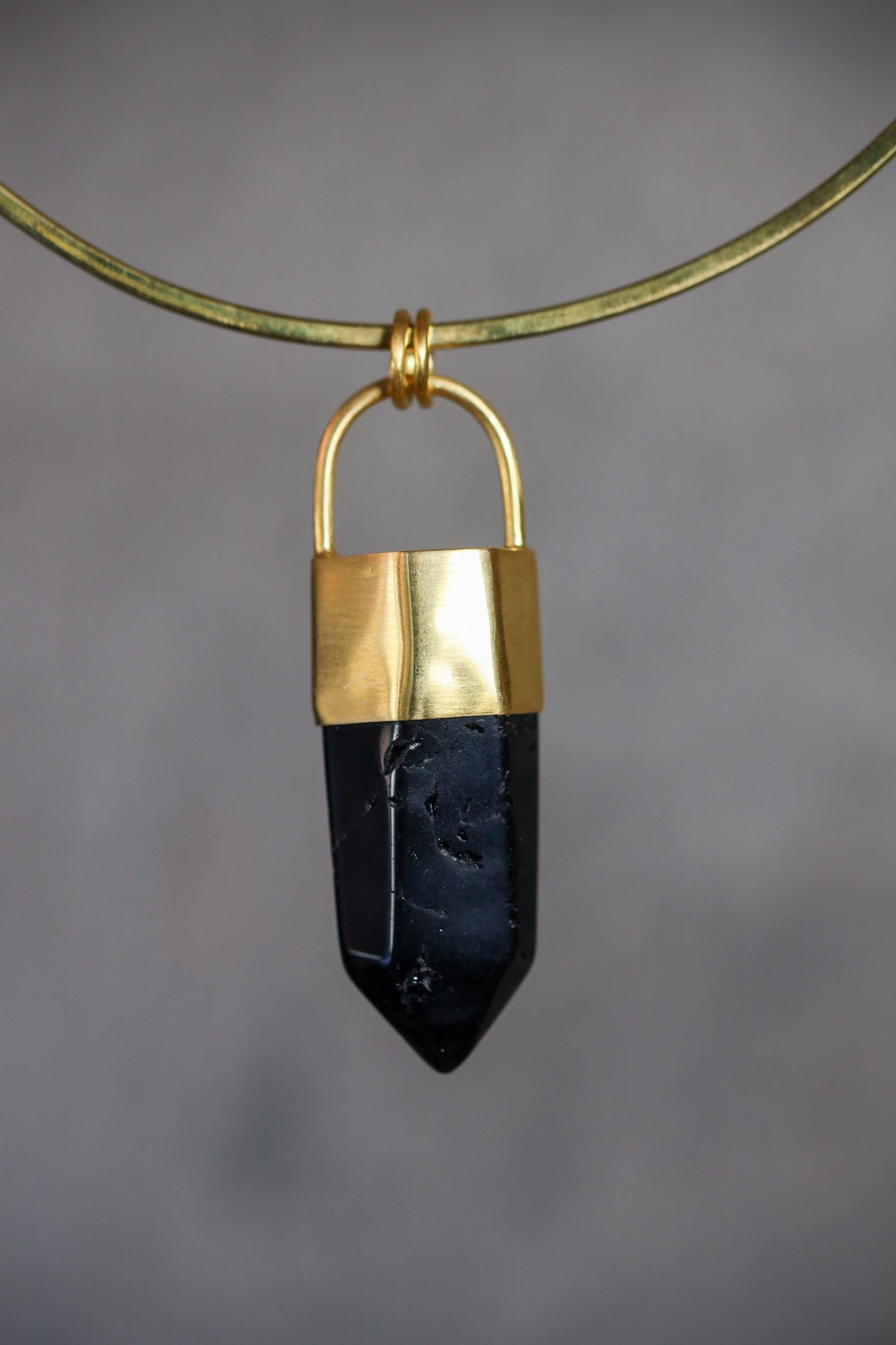 Large Smoky Quartz Point Pendant, High-Grade Dark Crystal with Thick Bronze Cap, 18K Gold-Plated, 7cm Statement Piece, Unique Gift NO/04