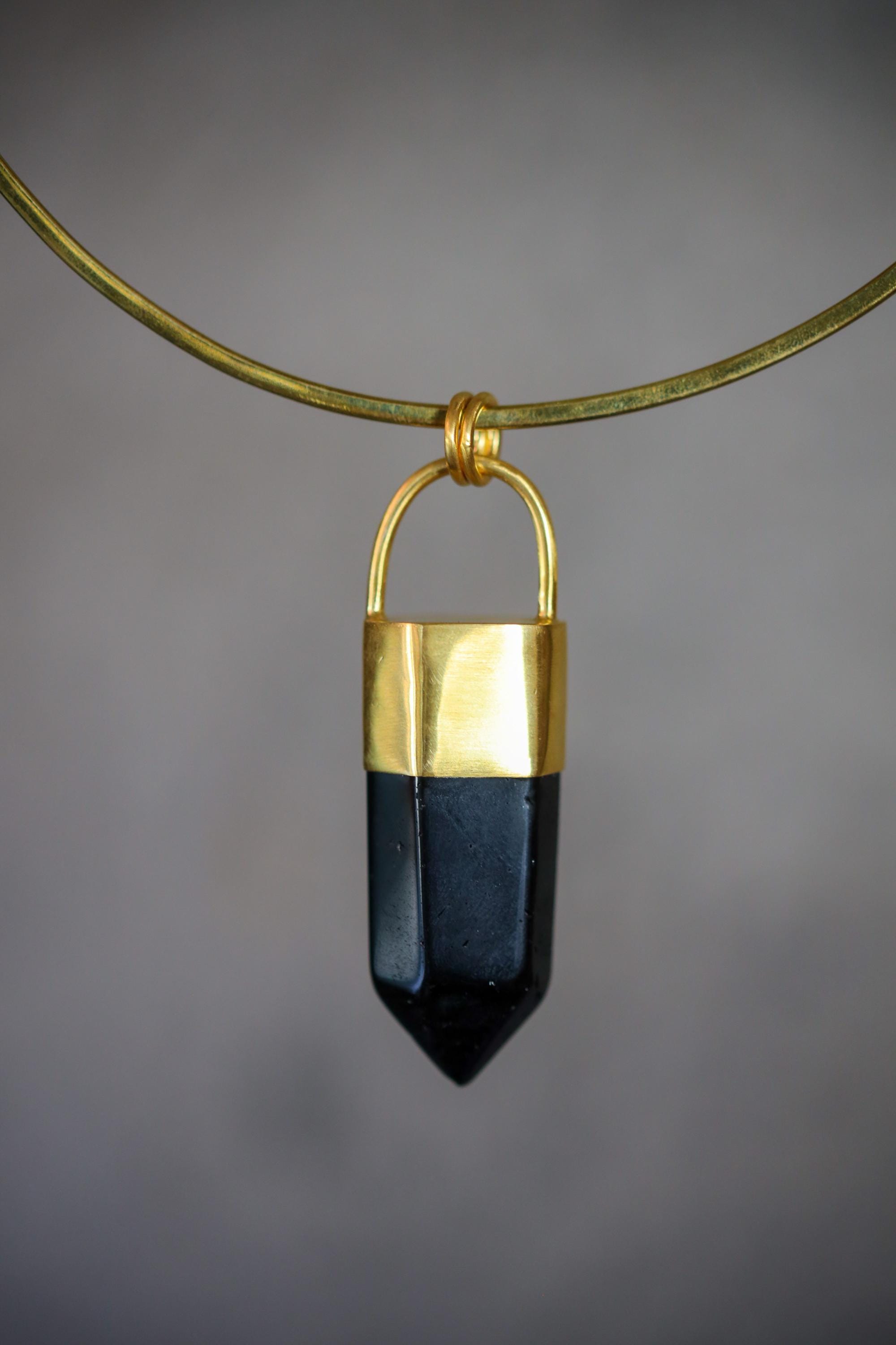 Large Smoky Quartz Point Pendant, High-Grade Dark Crystal with Thick Bronze Cap, 18K Gold-Plated, 7cm Statement Piece, Unique Gift NO/05