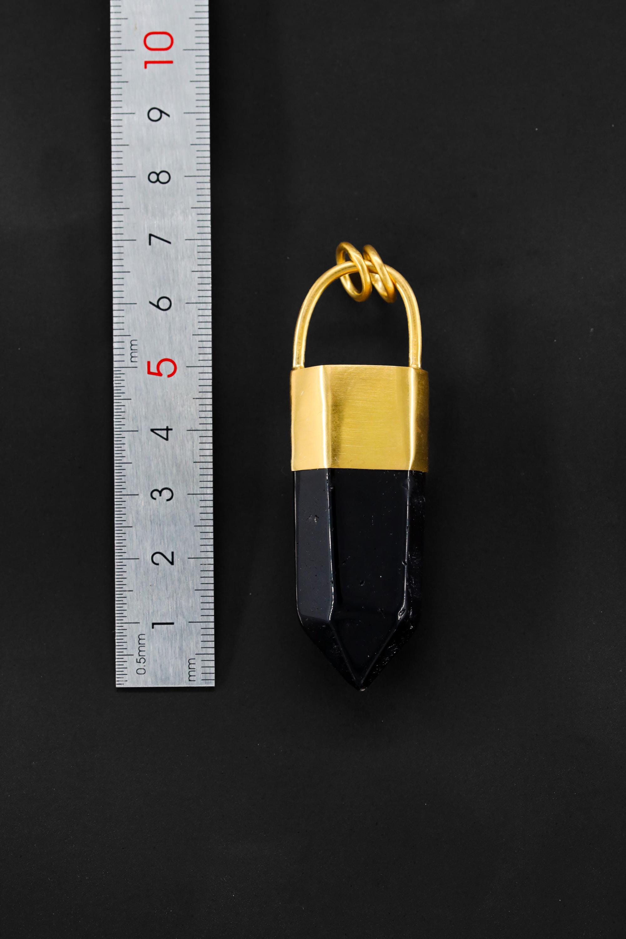 Large Smoky Quartz Point Pendant, High-Grade Dark Crystal with Thick Bronze Cap, 18K Gold-Plated, 7cm Statement Piece, Unique Gift NO/05