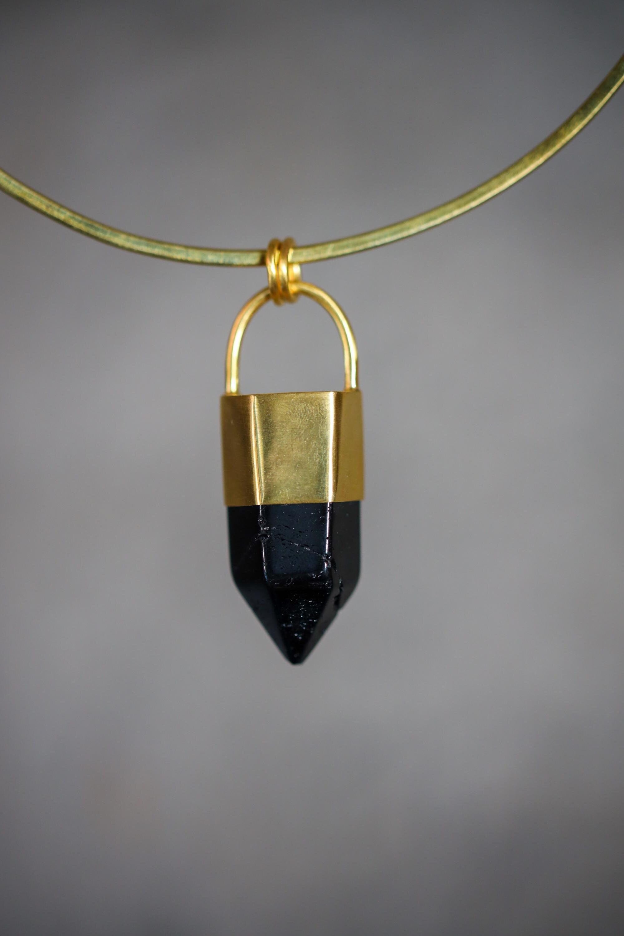 Large Smoky Quartz Point Pendant, High-Grade Dark Crystal with Thick Bronze Cap, 18K Gold-Plated, 5.8 cm Statement Piece, Unique Gift NO/06