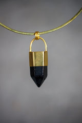 Large Smoky Quartz Point Pendant, High-Grade Dark Crystal with Thick Bronze Cap, 18K Gold-Plated, 5.8 cm Statement Piece, Unique Gift NO/06