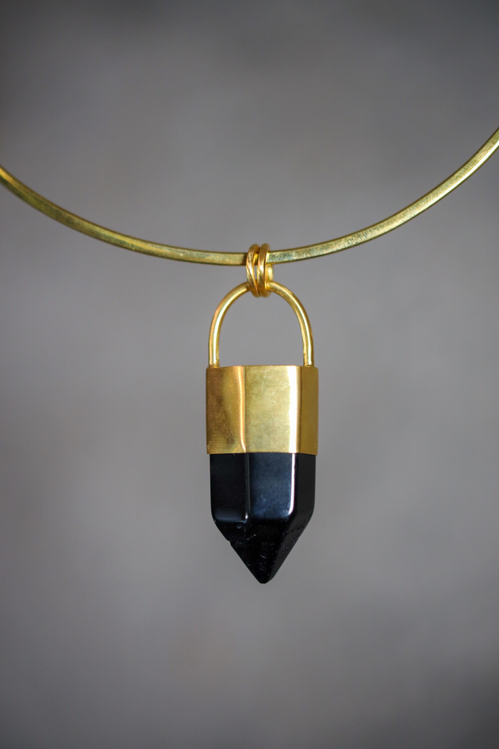 Large Smoky Quartz Point Pendant, High-Grade Dark Crystal with Thick Bronze Cap, 18K Gold-Plated, 6 cm Statement Piece, Unique Gift NO/01