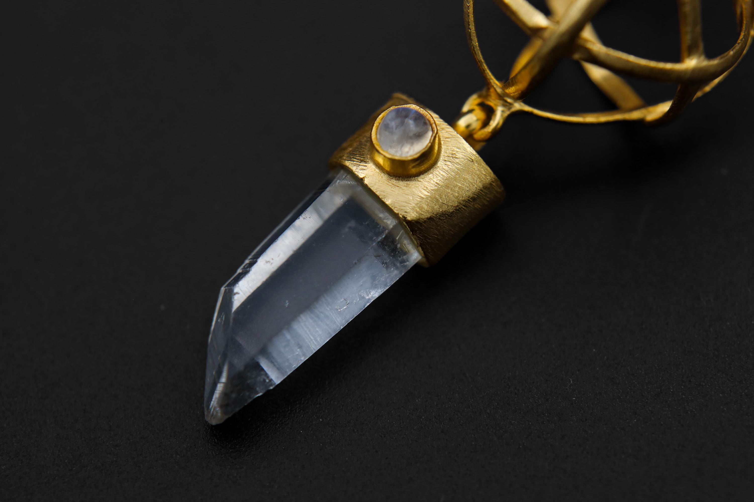 Himalayan Lemurian Quartz Point & Oval Blue Moonstone Pendant, Brush Textured Sterling Silver Third Eye Chakra Cancer Zodiac 18k Gold Plated