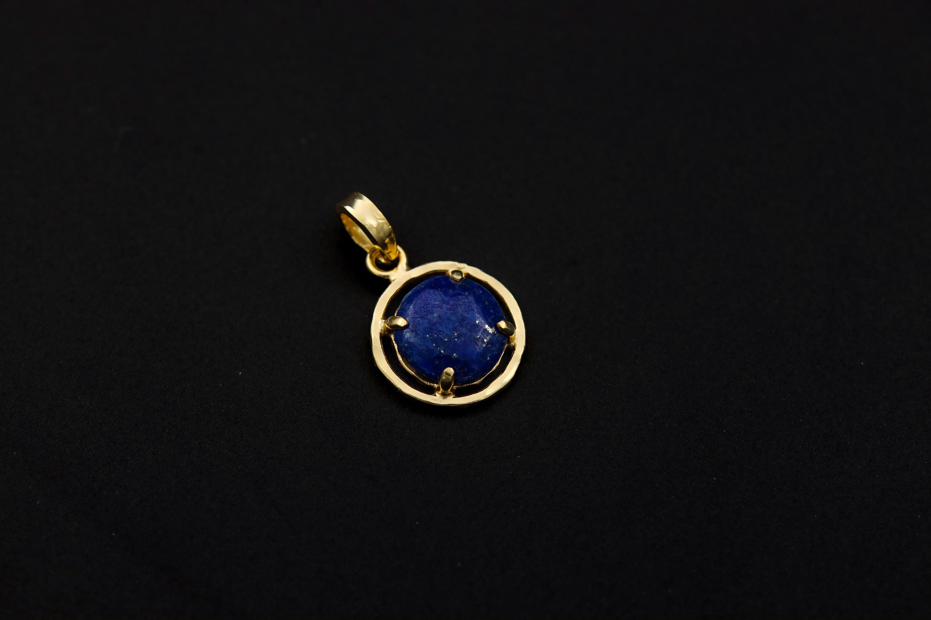 Lapis Lazuli & Pyrite Pendant, Sterling Silver, Claw Setting Hammer Textured 18k Gold Plated Throat Chakra Sagittarius Zodiac Unique Gift