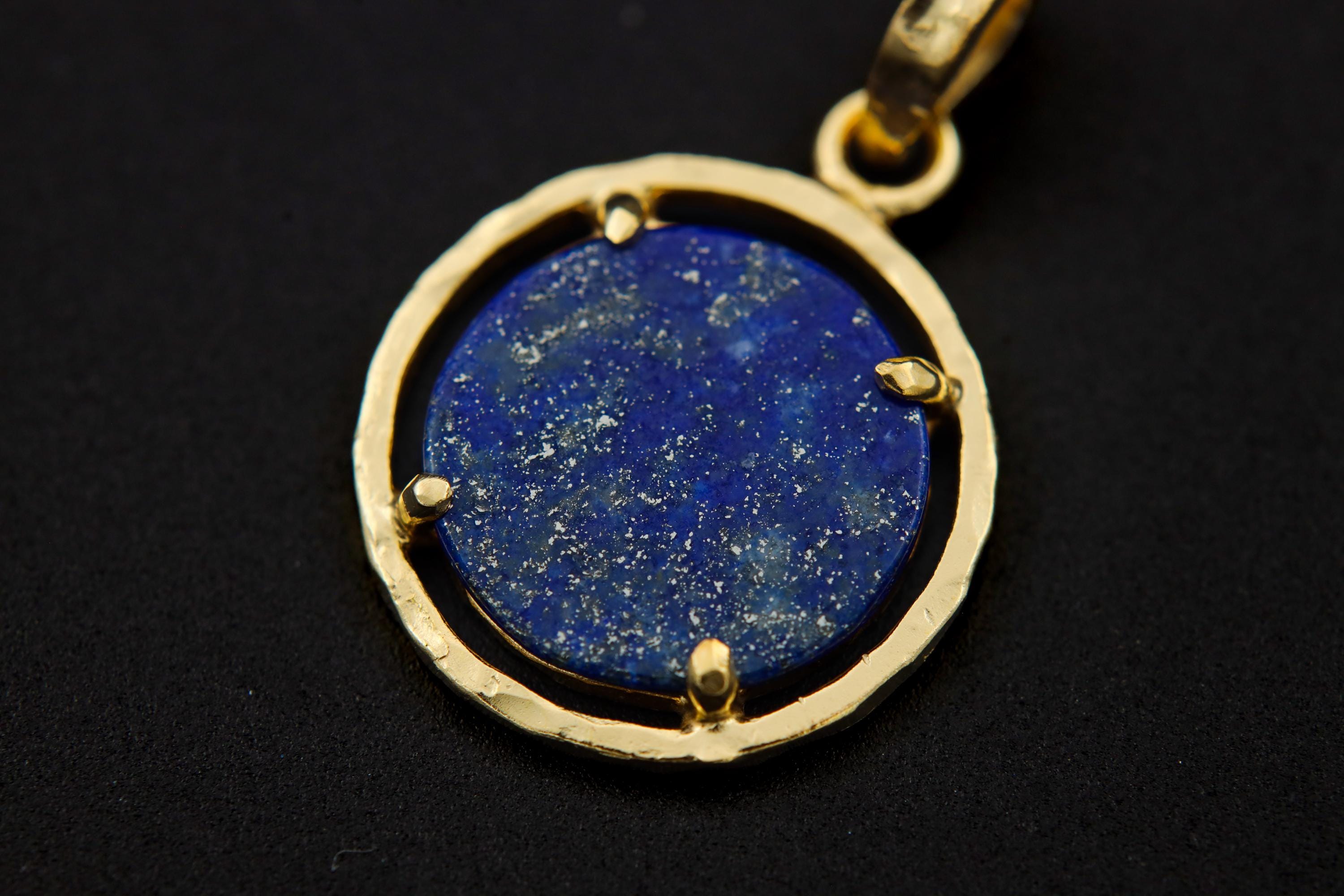 Lapis Lazuli & Pyrite Pendant, Sterling Silver, Claw Setting Hammer Textured 18k Gold Plated Throat Chakra Sagittarius Zodiac Unique Gift