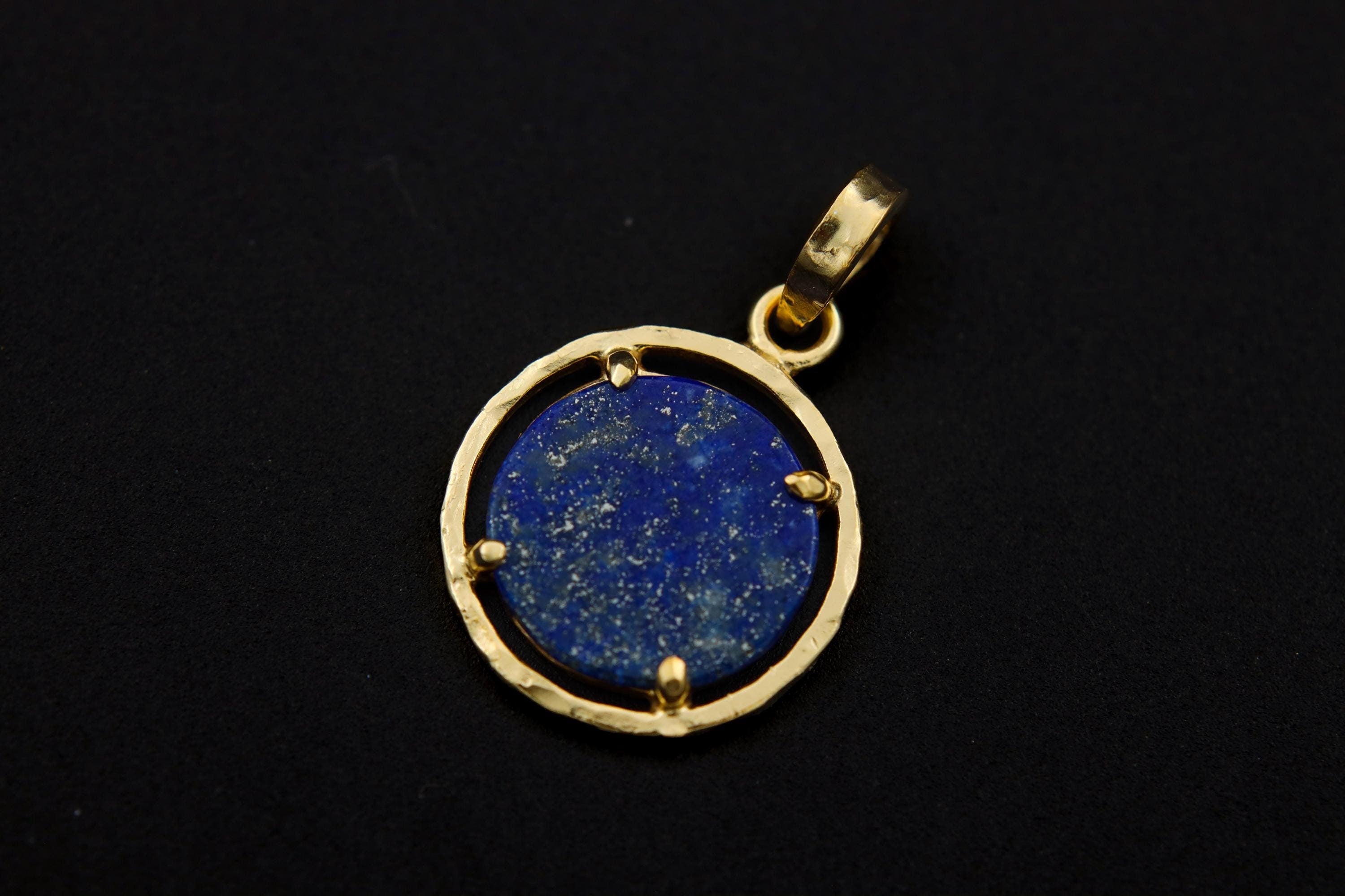 Lapis Lazuli & Pyrite Pendant, Sterling Silver, Claw Setting Hammer Textured 18k Gold Plated Throat Chakra Sagittarius Zodiac Unique Gift