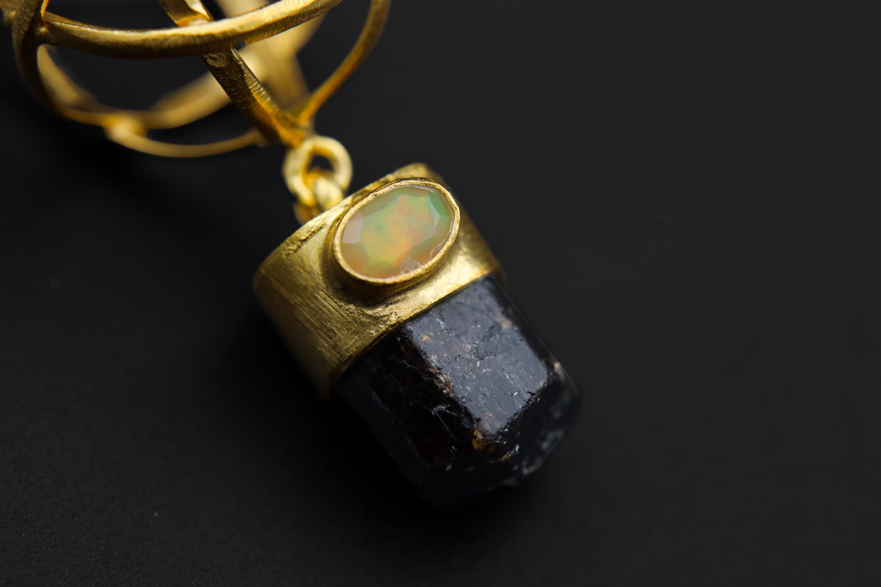 Himalayan Brown Tourmaline & Ethiopian Fiery Rainbow Opal Pendant, 18K Gold-Plated Sterling Silver, Birthstone, Libra Zodiac, Unique Gif