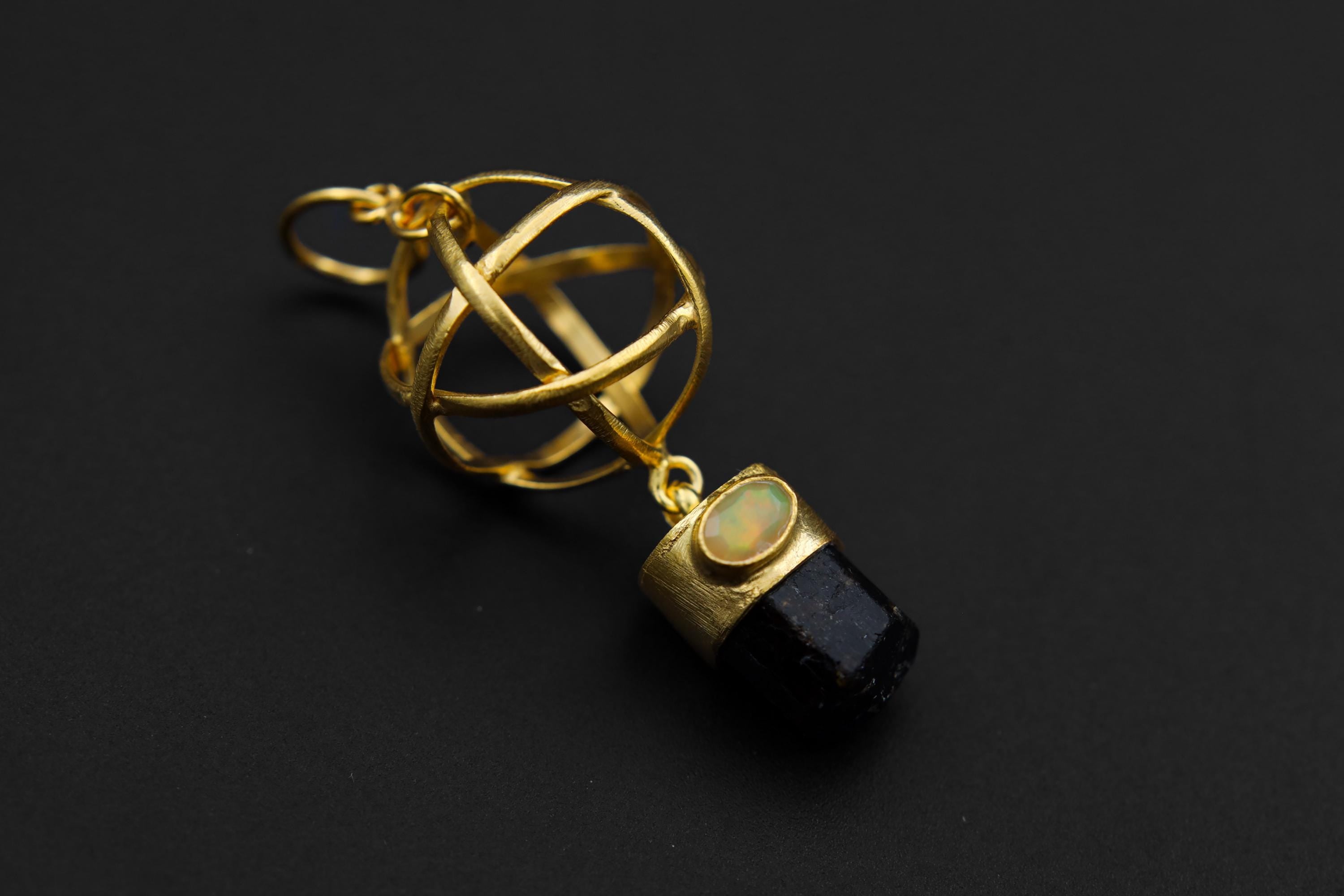 Himalayan Brown Tourmaline & Ethiopian Fiery Rainbow Opal Pendant, 18K Gold-Plated Sterling Silver, Birthstone, Libra Zodiac, Unique Gif