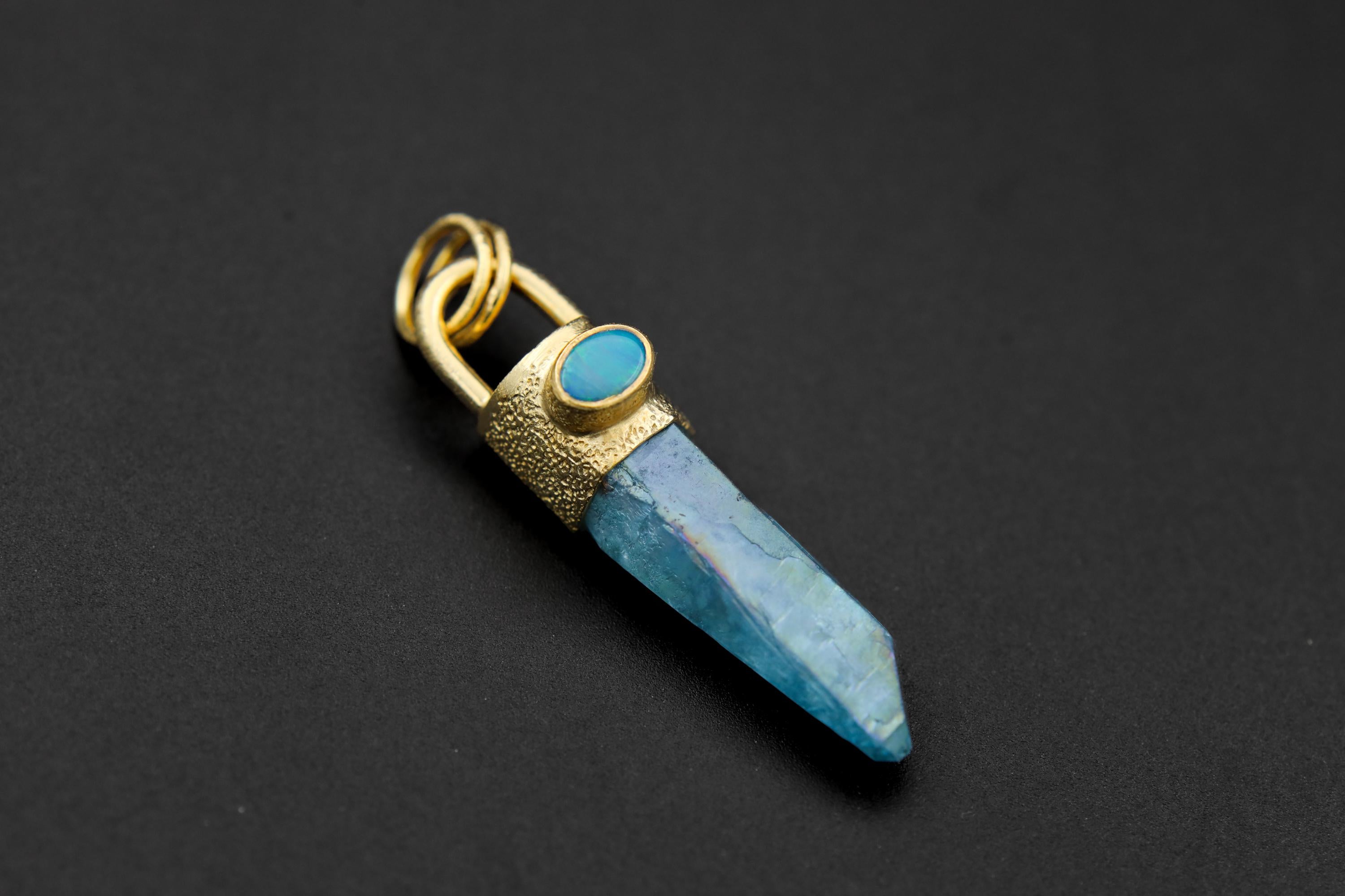 Aqua Aura Quartz & Australian Opal Doublet Pendant, 18K Gold-Plated Sterling Silver, Crown Chakra Jewelry, Unique Gift, Birthstone - NO/05