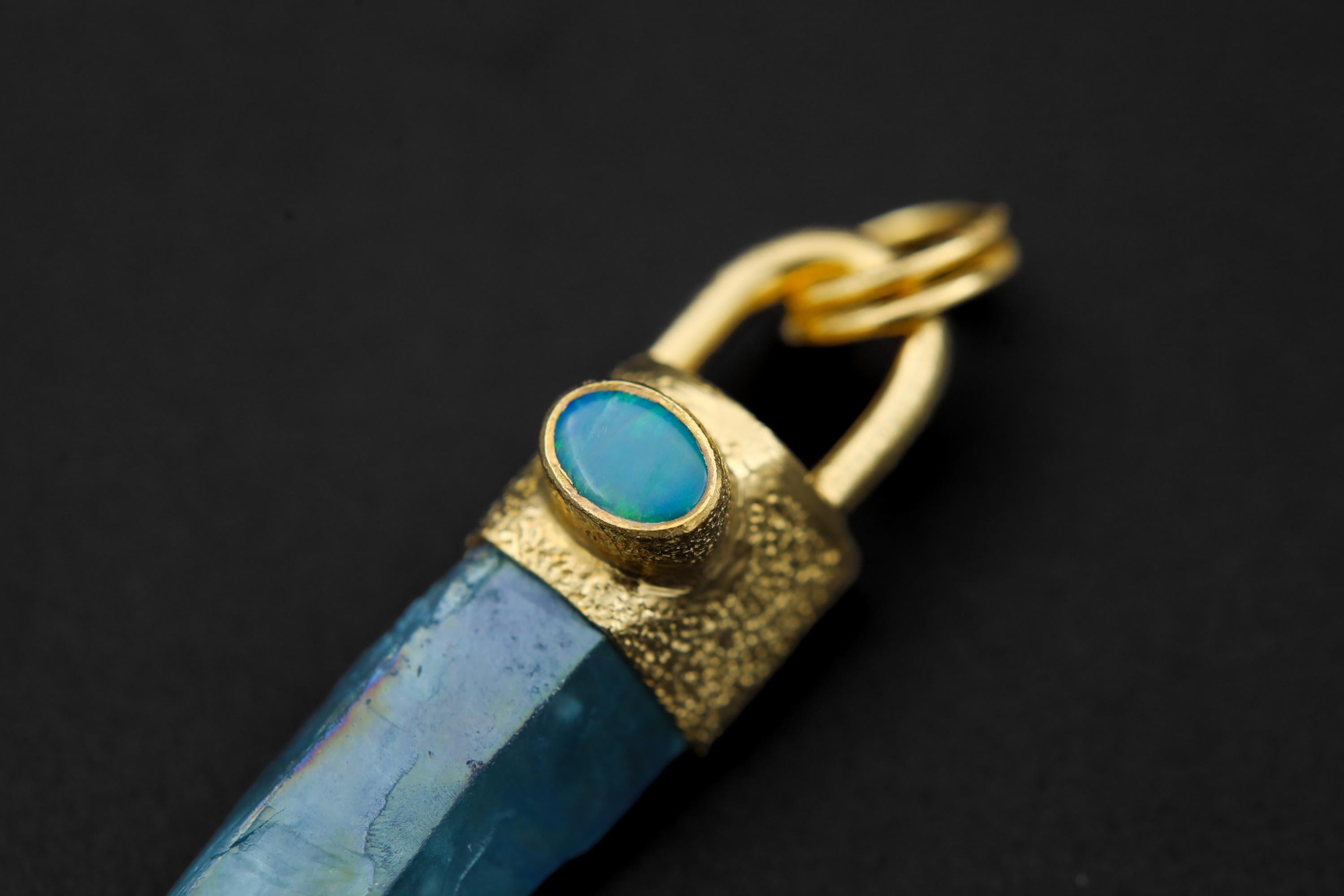 Aqua Aura Quartz & Australian Opal Doublet Pendant, 18K Gold-Plated Sterling Silver, Crown Chakra Jewelry, Unique Gift, Birthstone - NO/05