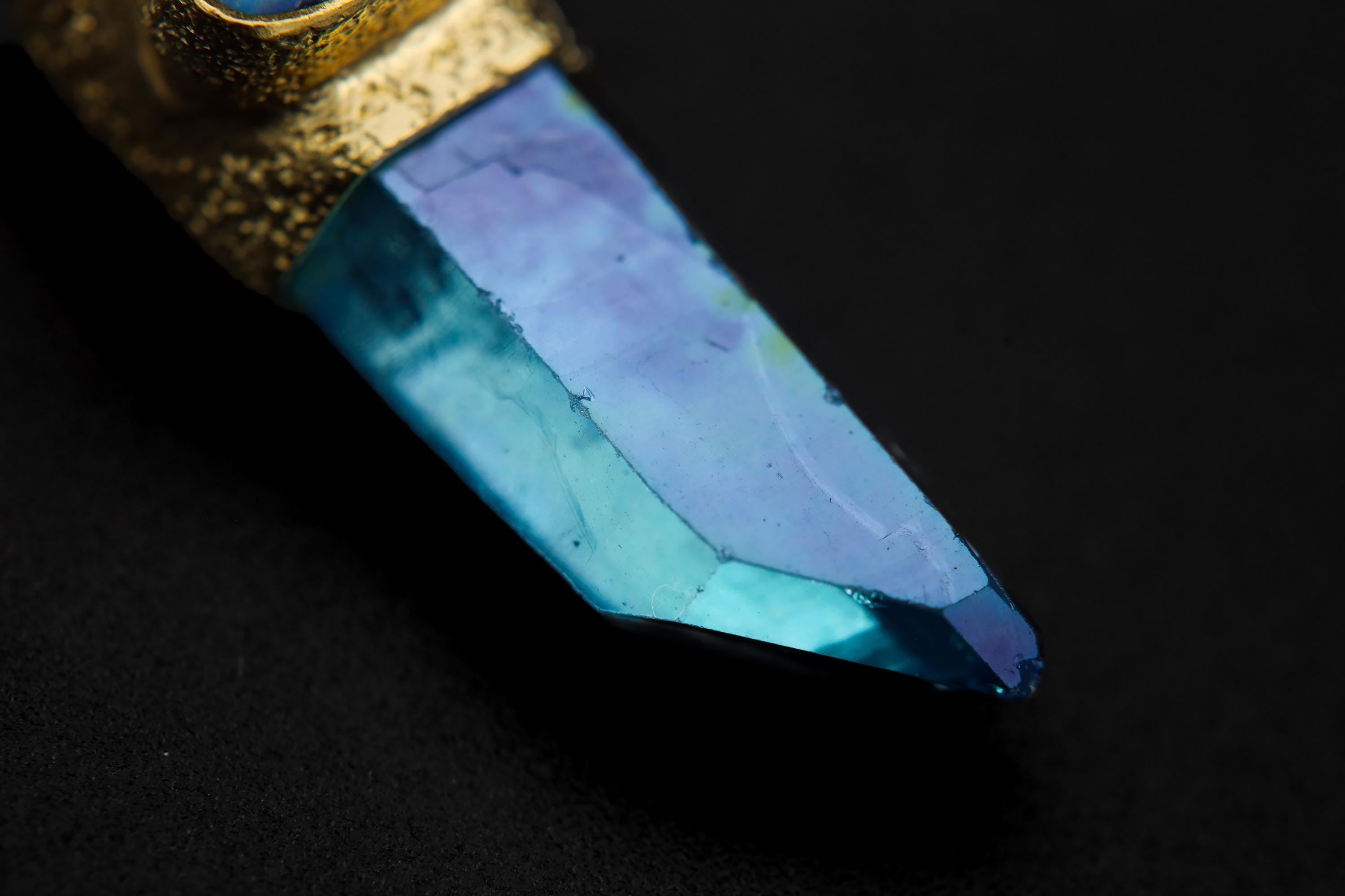 Aqua Aura Twin Quartz & Australian Opal Pendant, 18K Gold-Plated Textured Sterling Silver, Crown Chakra, Leo Zodiac, Unique Gift - NO/01