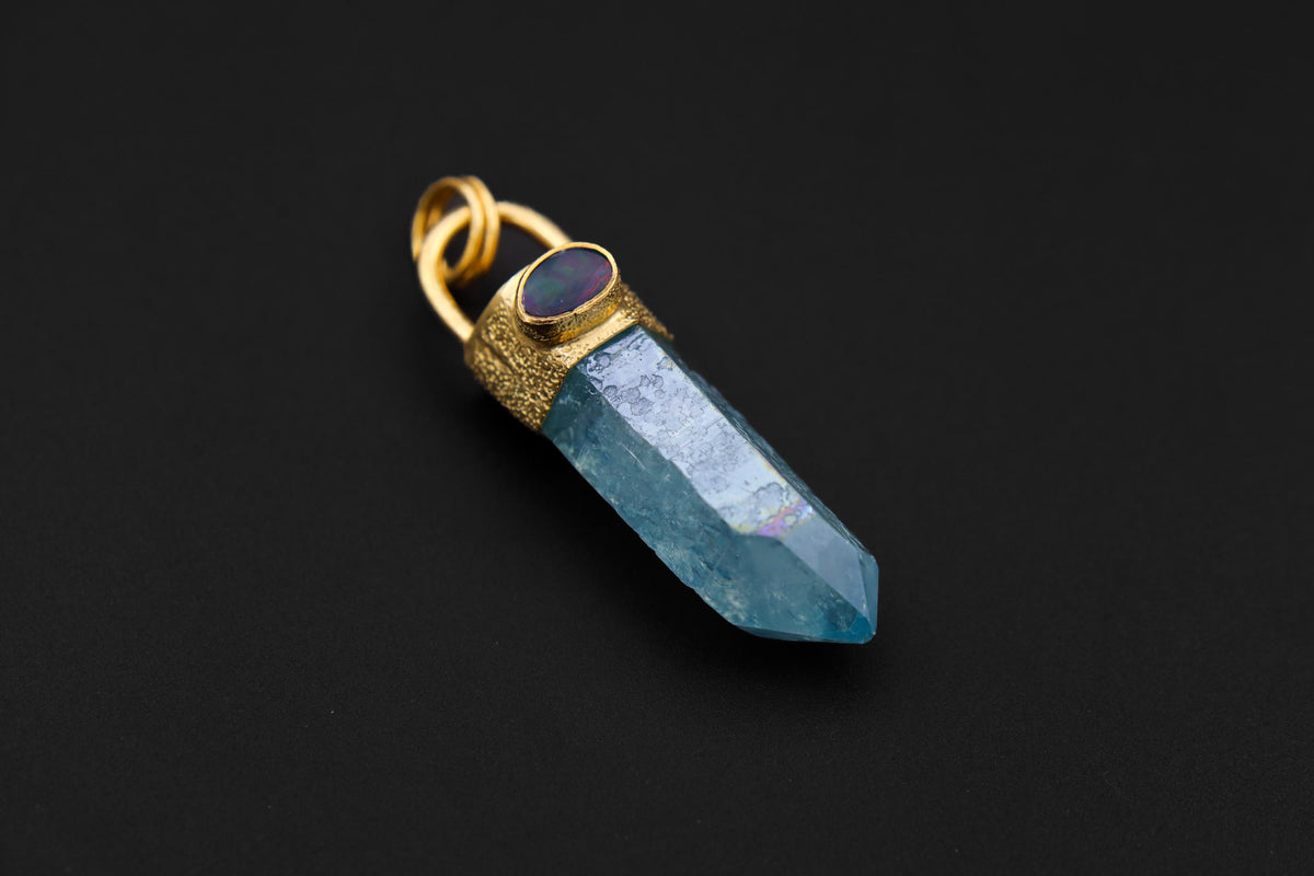 Aqua Aura Twin Quartz & Australian Opal Pendant 18K Gold-Plated Textured Sterling Silver Cancer, Crown Chakra Unique Birthstone Gift - NO/04