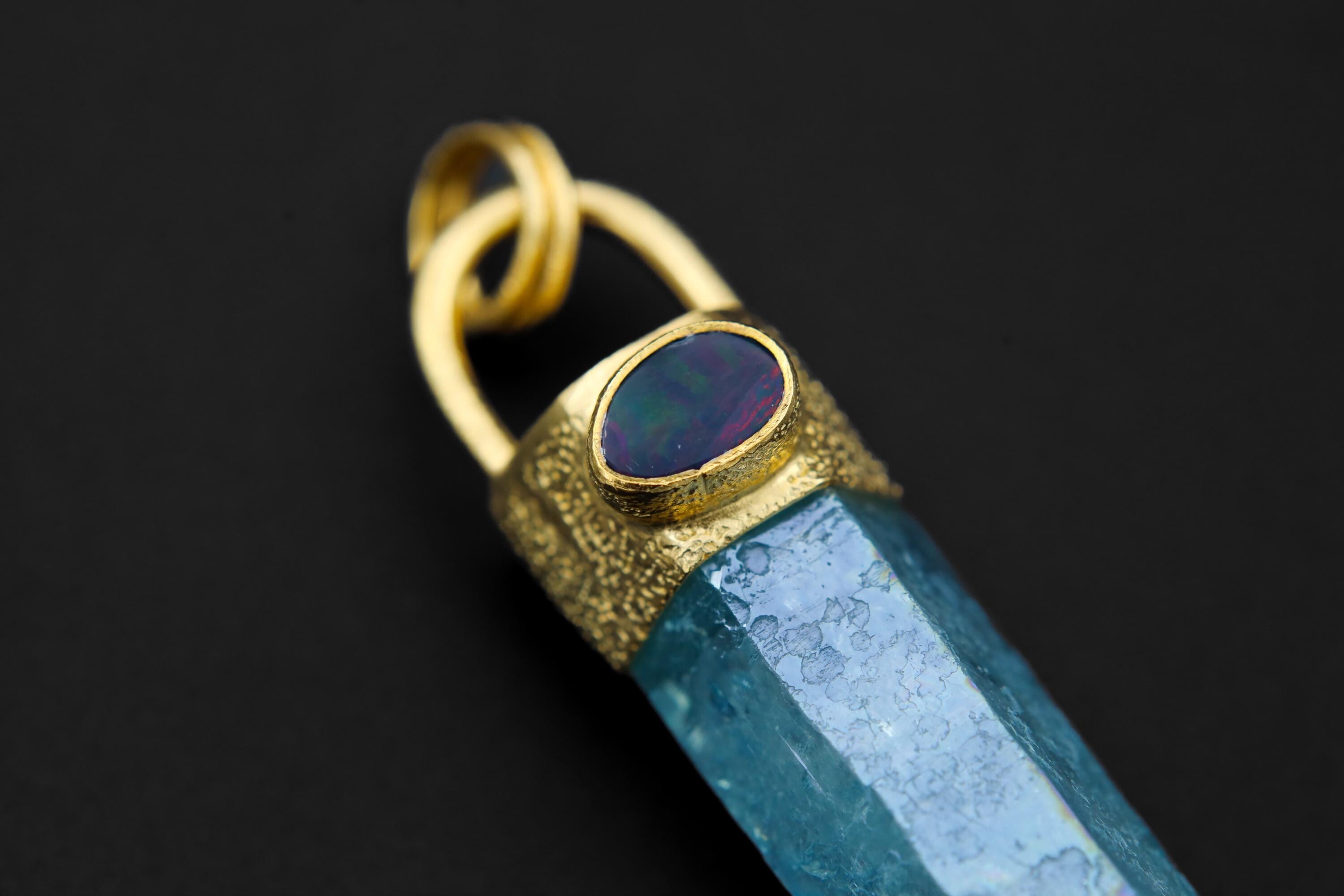 Aqua Aura Twin Quartz & Australian Opal Pendant 18K Gold-Plated Textured Sterling Silver Cancer, Crown Chakra Unique Birthstone Gift - NO/04