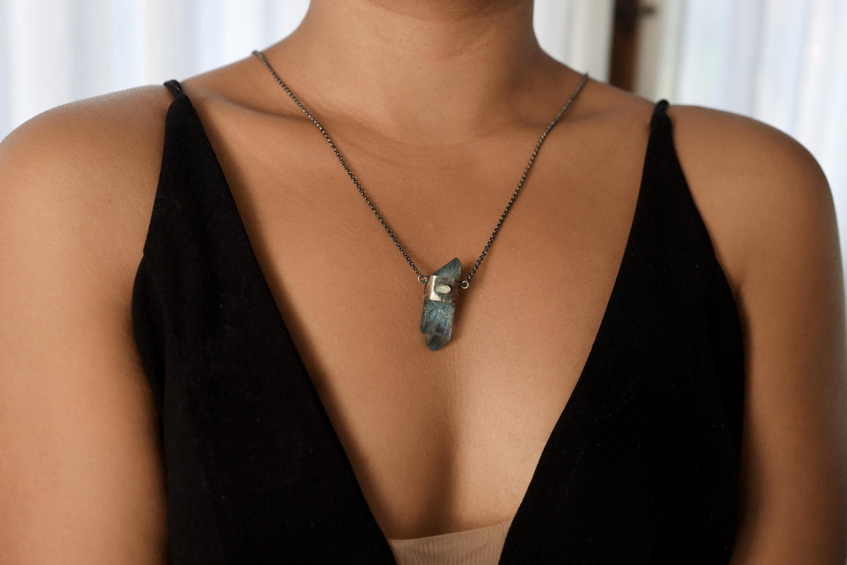 Twin DT Aqua Aura Quartz Point, Ethiopian Opal & Blue Moonstone Pendant Textured and Oxidized Sterling Silver, Wrapped Crystal 16-Inch Chain