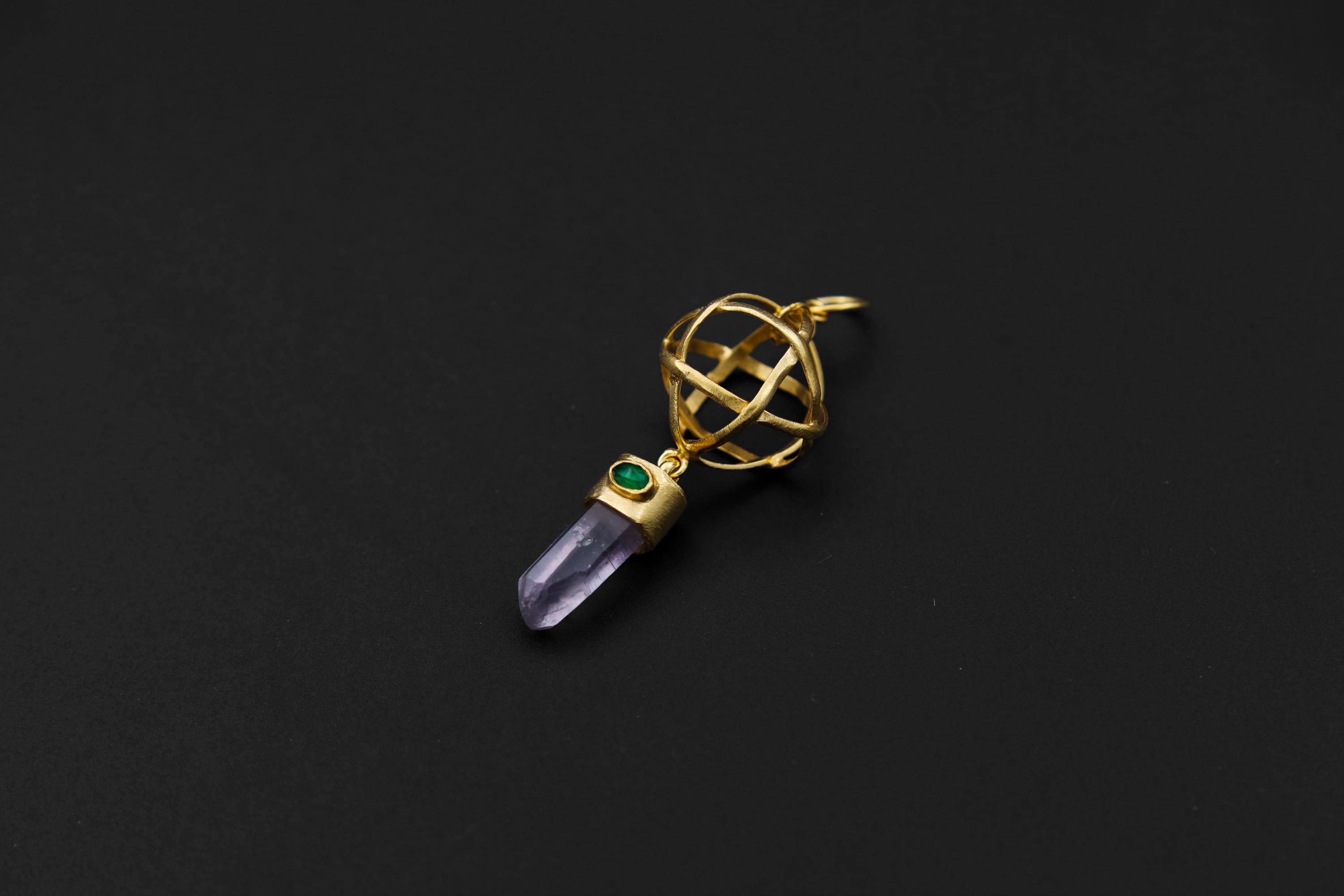 Vera Cruz Amethyst Point and Eye-Shaped Faceted Emerald Pendant, 18k Gold-Plated Sterling Silver, Crown & Heart Chakra, Unique Gift