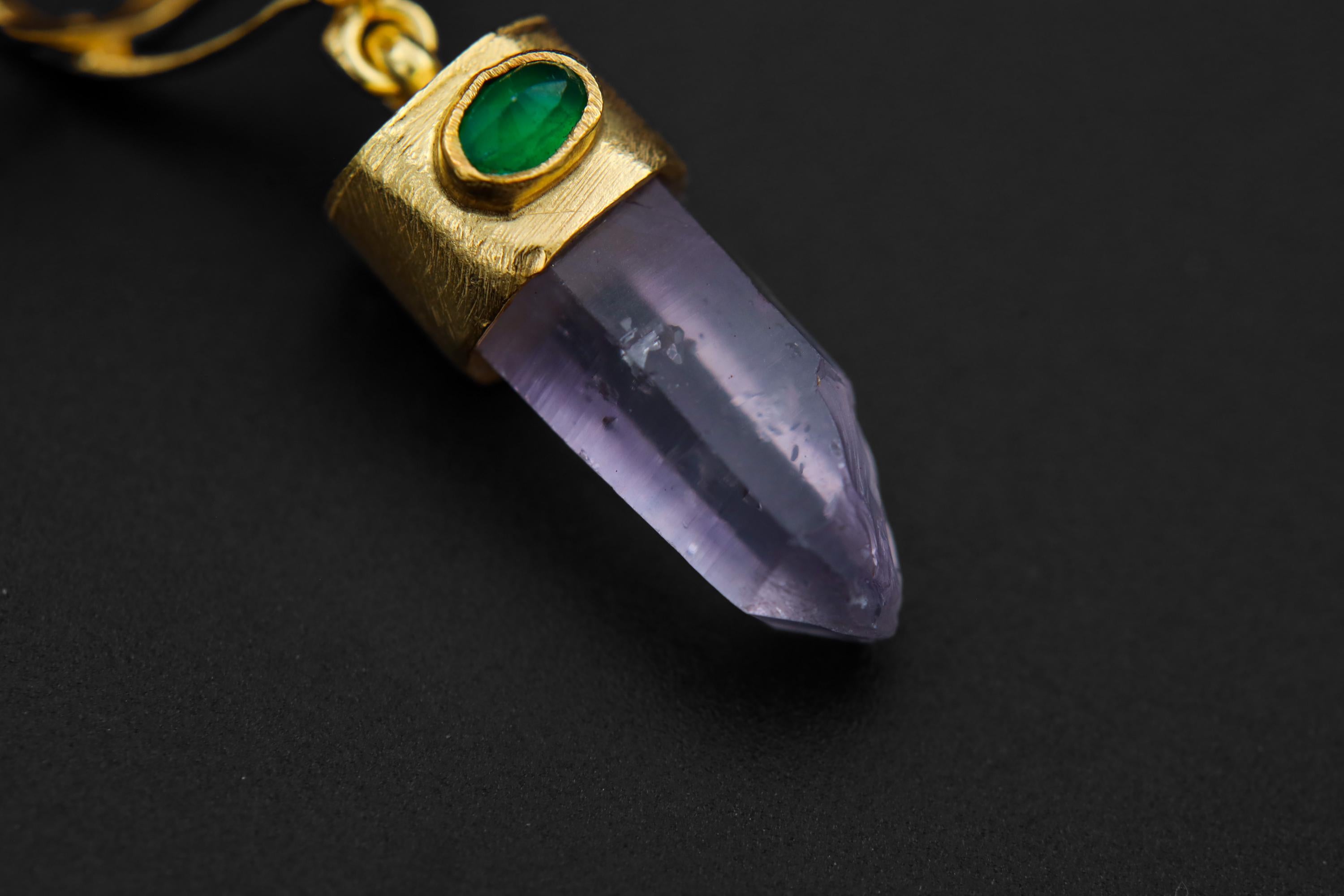 Vera Cruz Amethyst Point and Eye-Shaped Faceted Emerald Pendant, 18k Gold-Plated Sterling Silver, Crown & Heart Chakra, Unique Gift