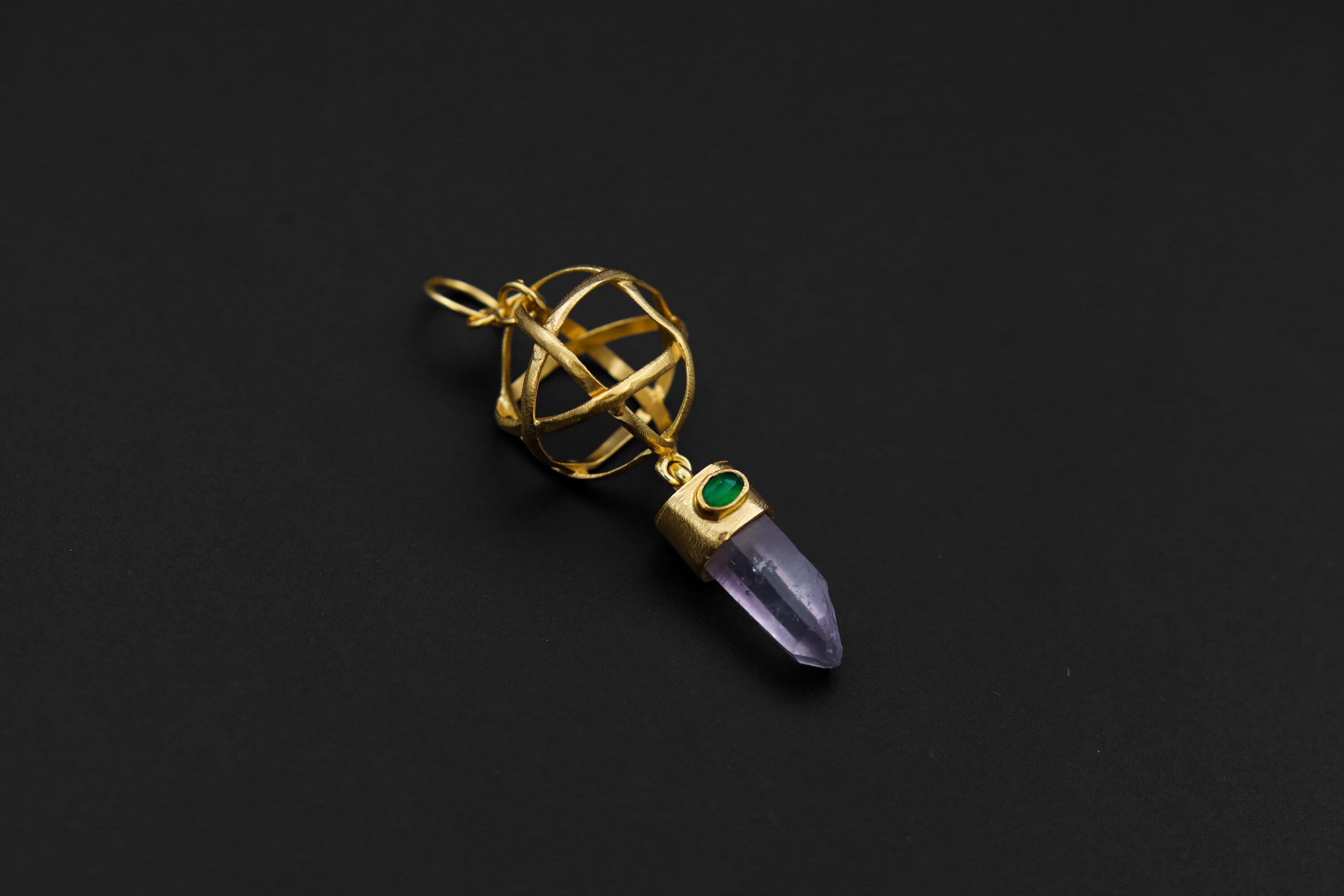 Vera Cruz Amethyst Point and Eye-Shaped Faceted Emerald Pendant, 18k Gold-Plated Sterling Silver, Crown & Heart Chakra, Unique Gift